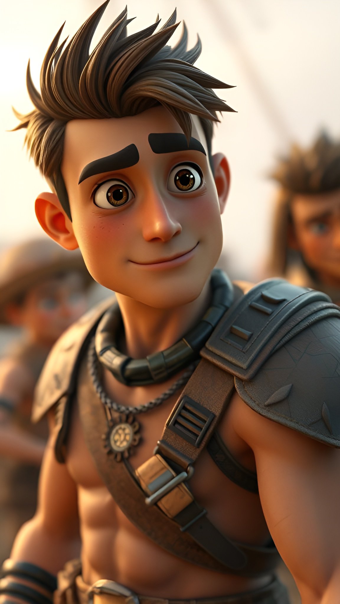 Cartoon boy with spiky hair and big eyes smiling in armor with group in background