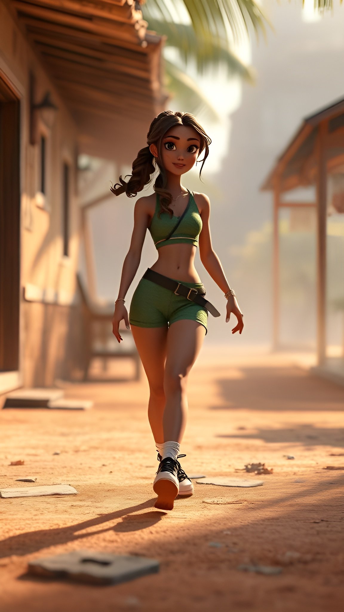 Young adventurer anime woman in green outfit walking on dirt path in tropical village with palm trees