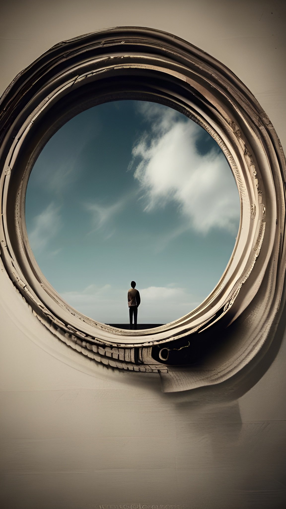 An artistic image of a person viewed through large circular window looking at sky