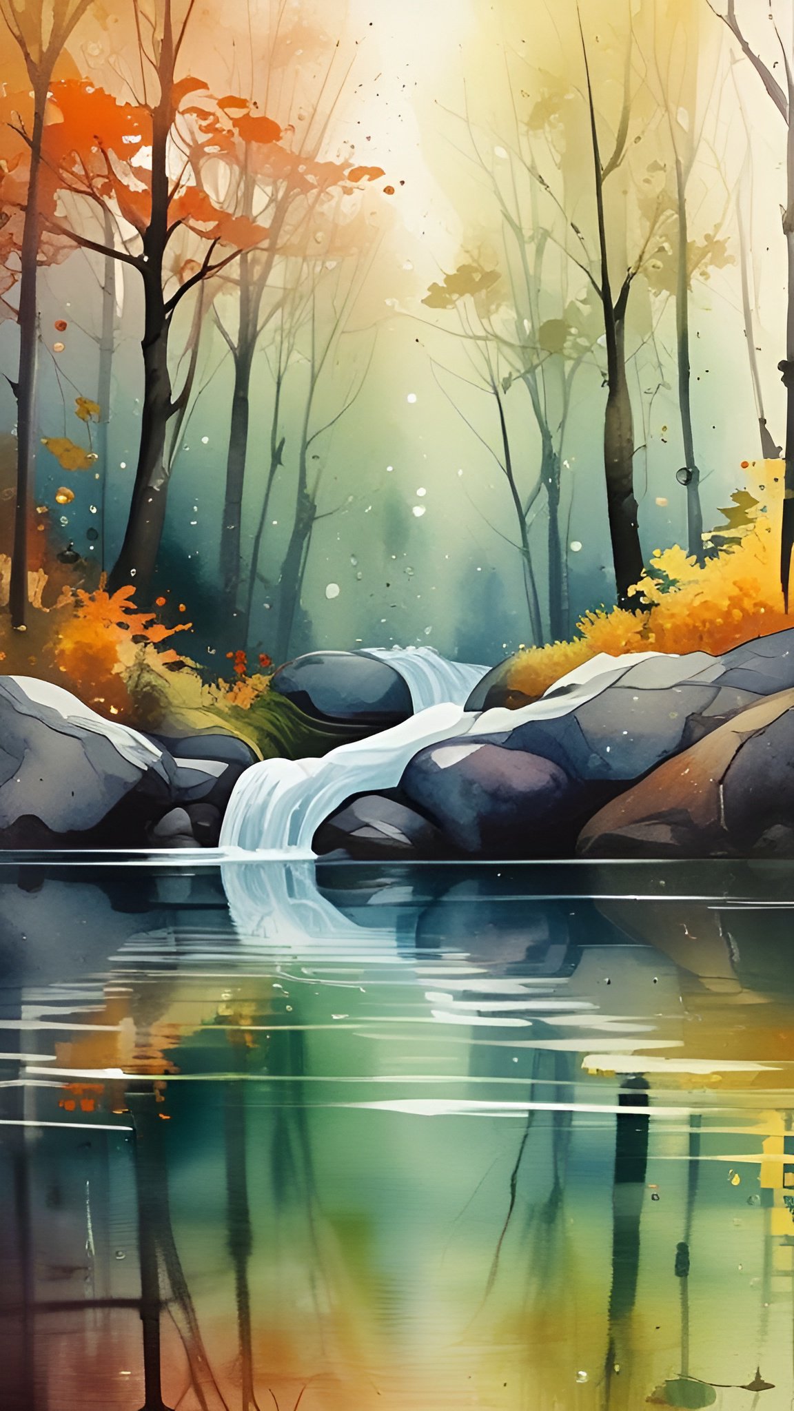 A watercolor painting style of an autumn forest stream with a small water fall over gray rocks, orange trees, and teal water