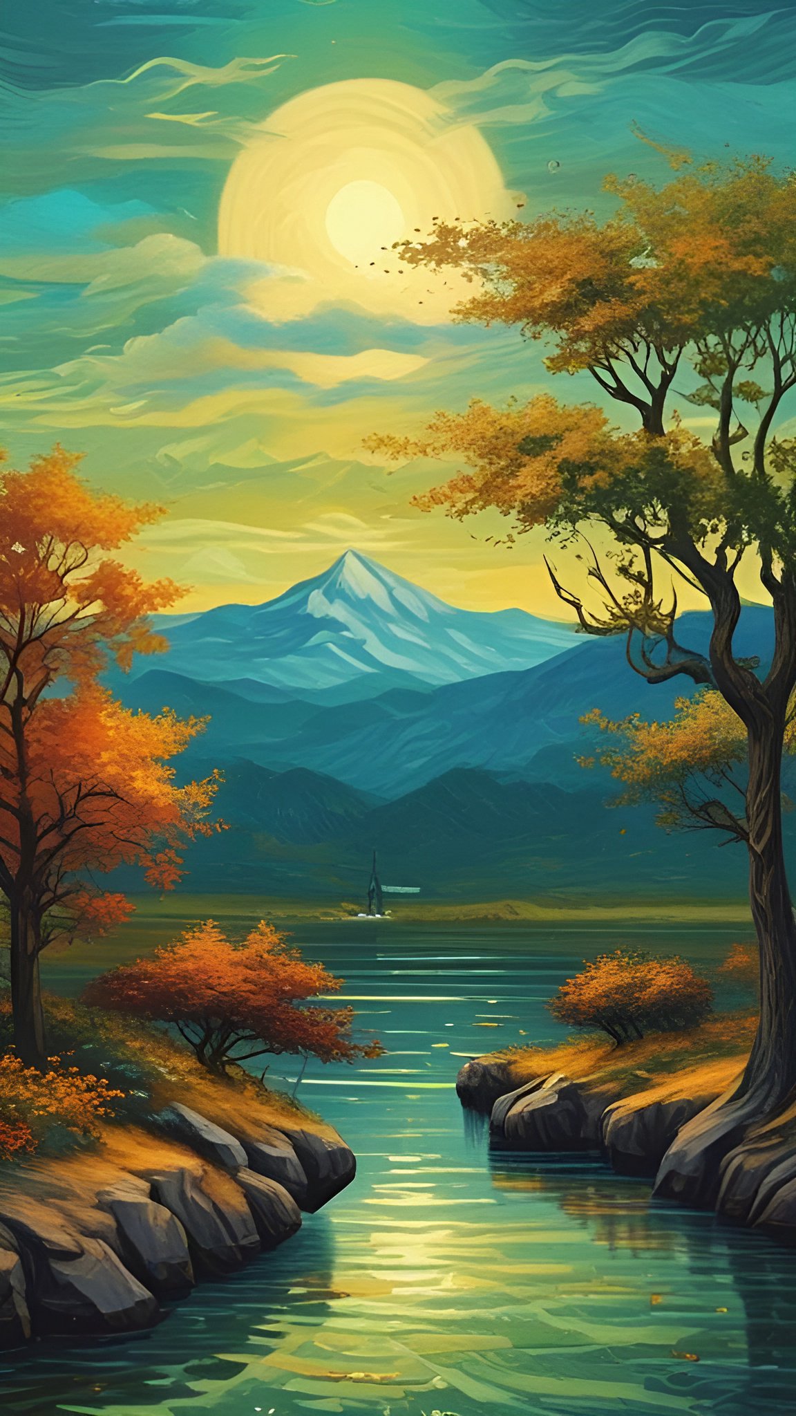 Painting of an autumn lake with orange gold trees, teal water, and a tiny sailboat