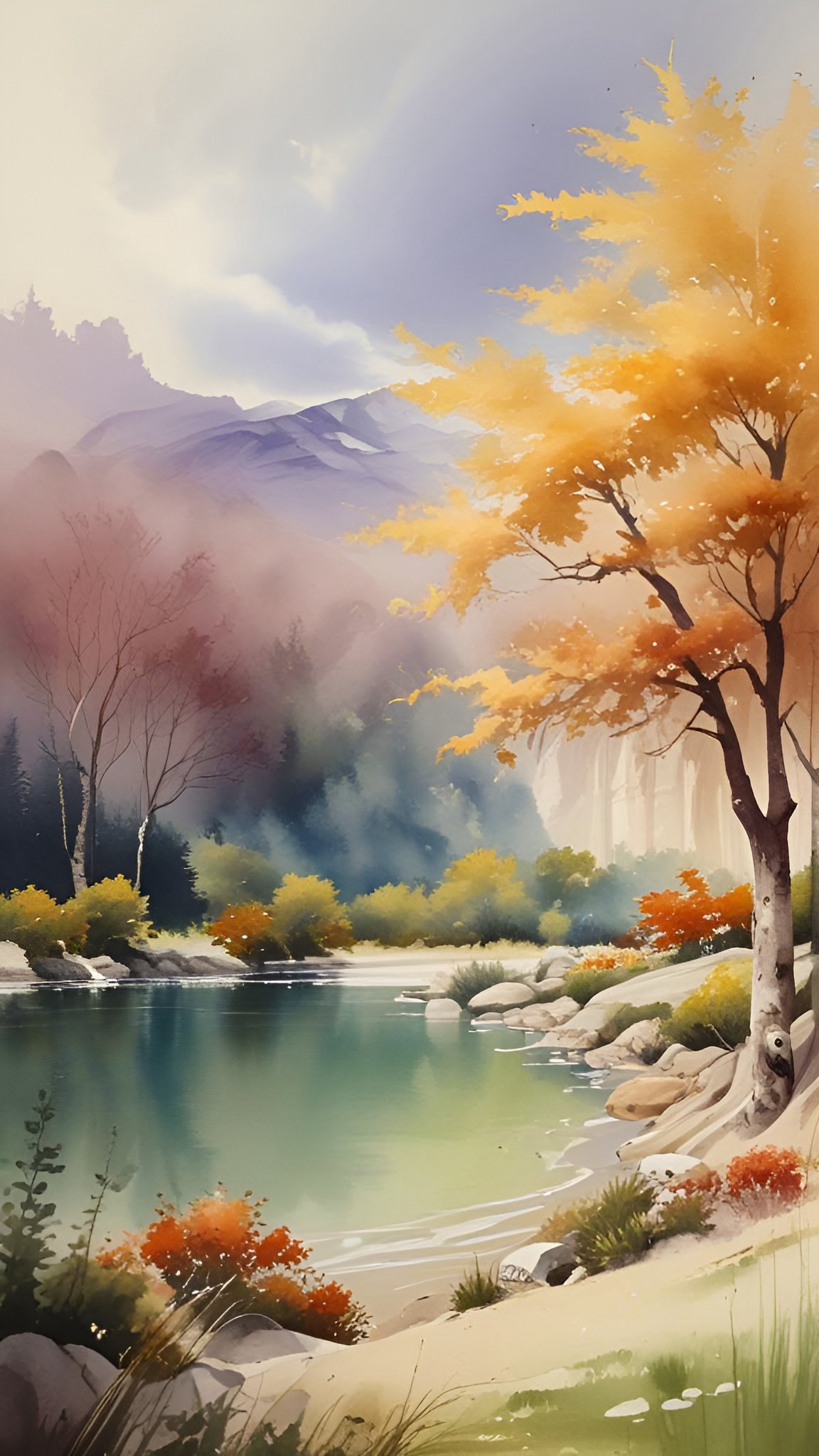 Watercolor of an autumn mountain lake with an orange gold tree and teal water