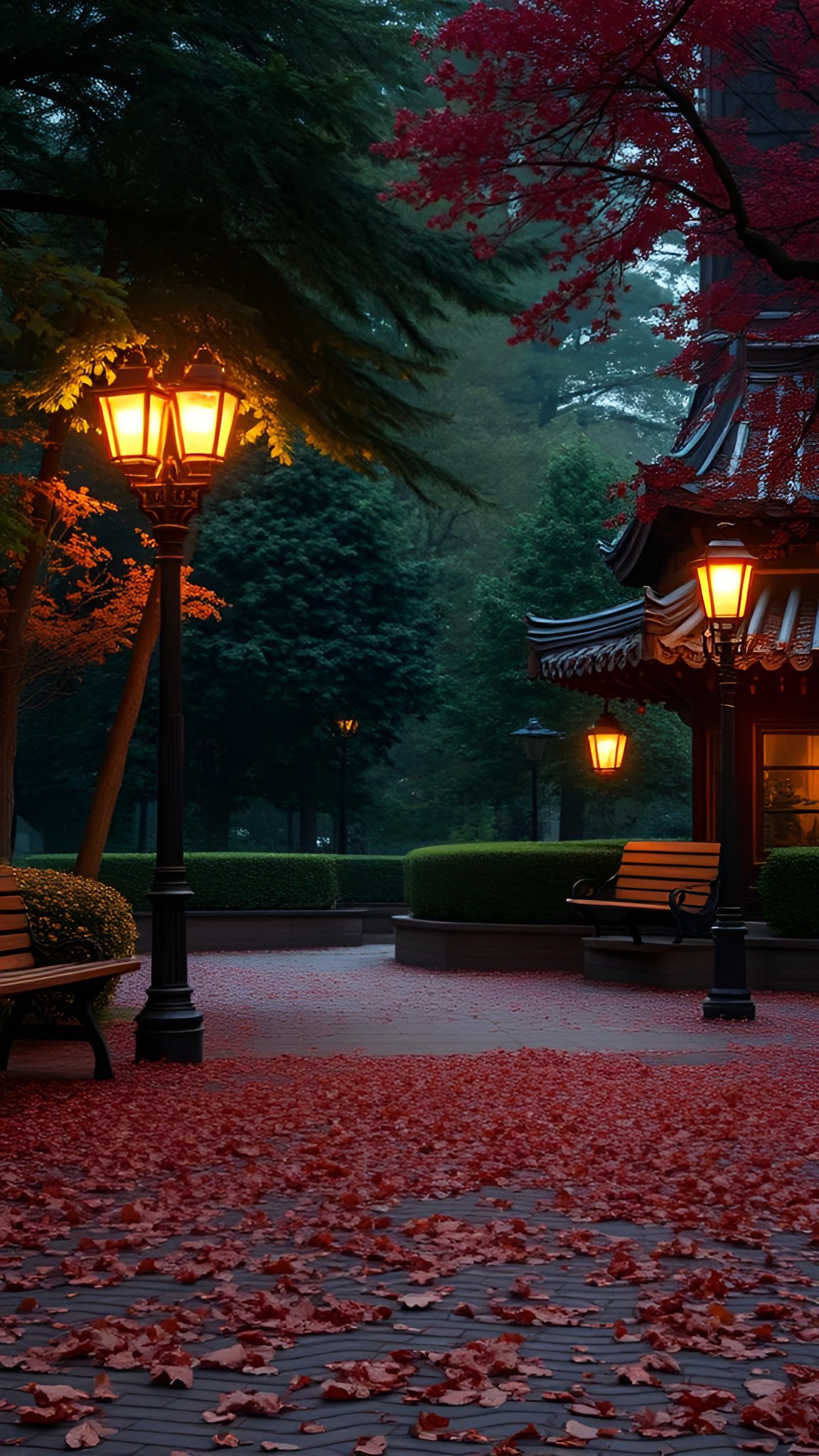 Rainy autumn evening in traditional park with glowing lanterns and red foliage