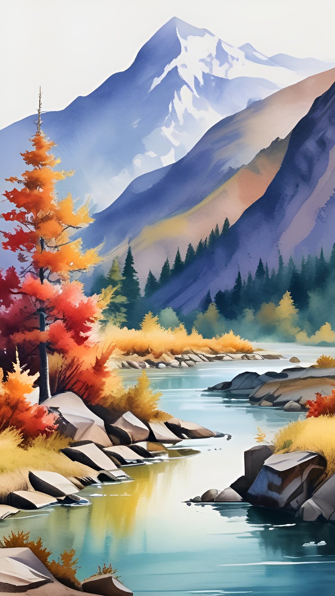 A watercolor painting style of an autumn river with a red and orange pine, gold banks, and a snow-capped purple mountain