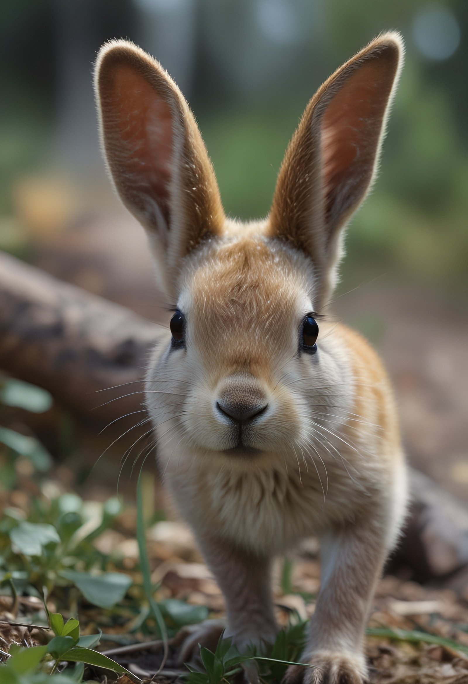 Close-up of a baby bunny rabbit with large ears and black eyes in a forest setting