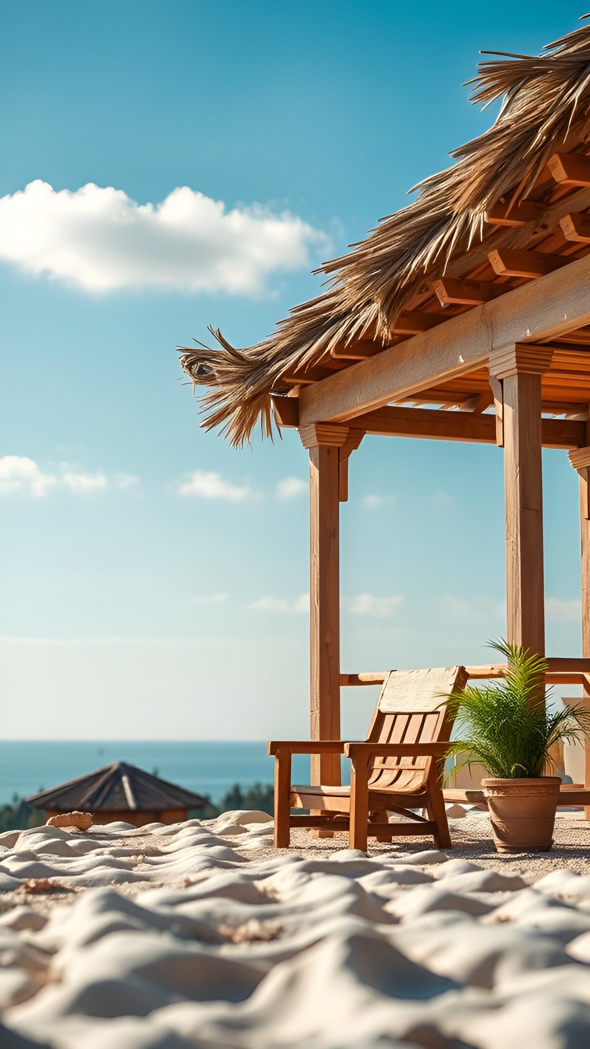 Beach hut with chairs overlooking ocean on sandy shore