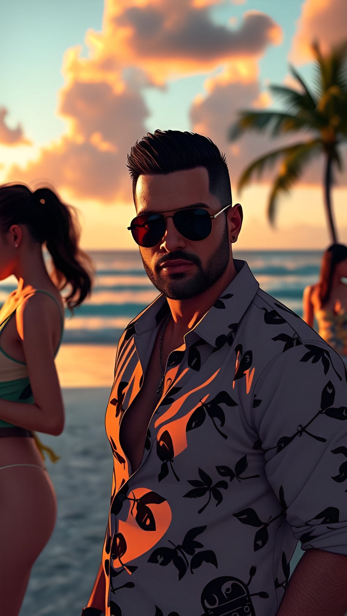 Man at beach party at sunset