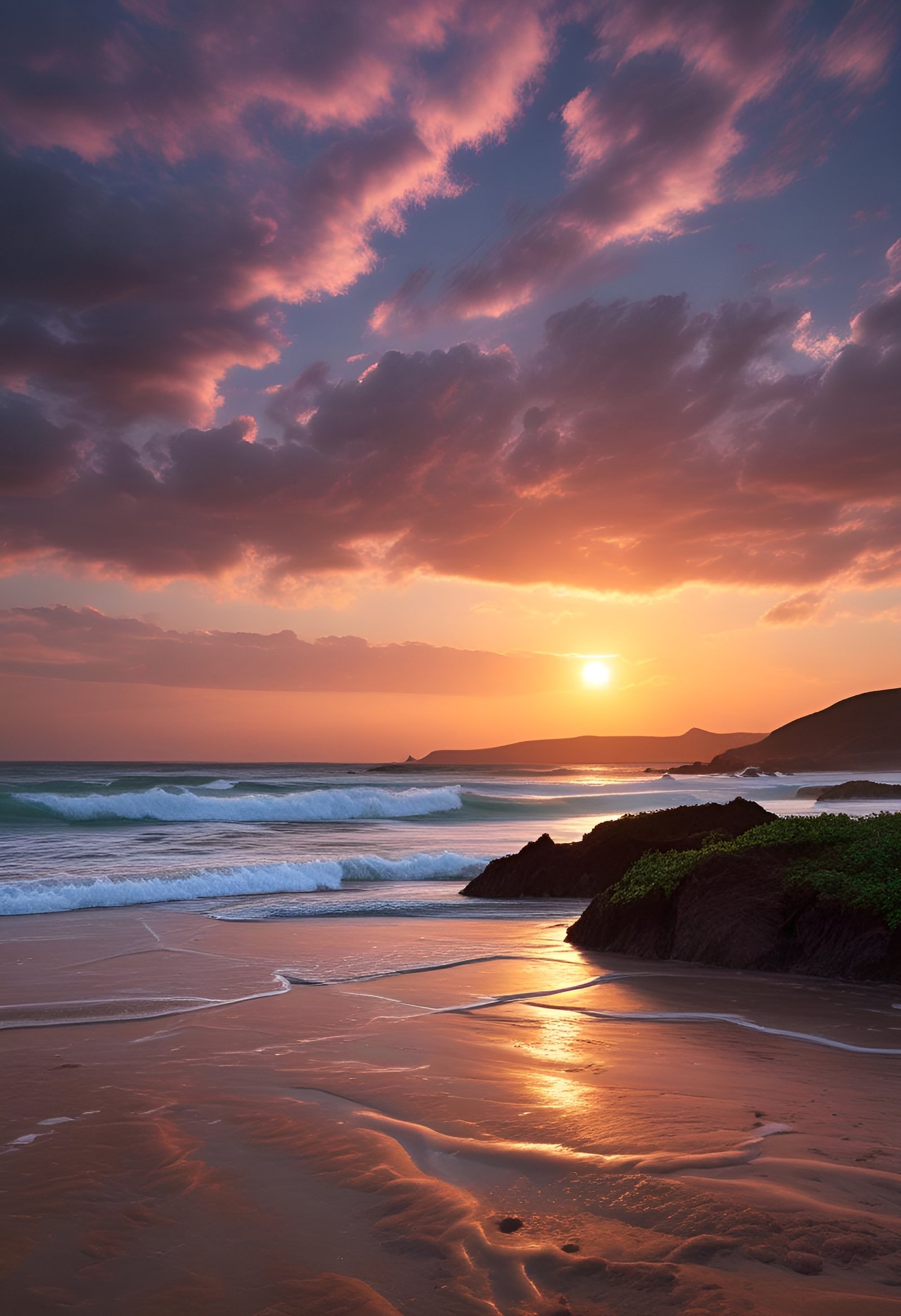 Sunset over a beach with waves crashing on rocks and pink clouds in the sky