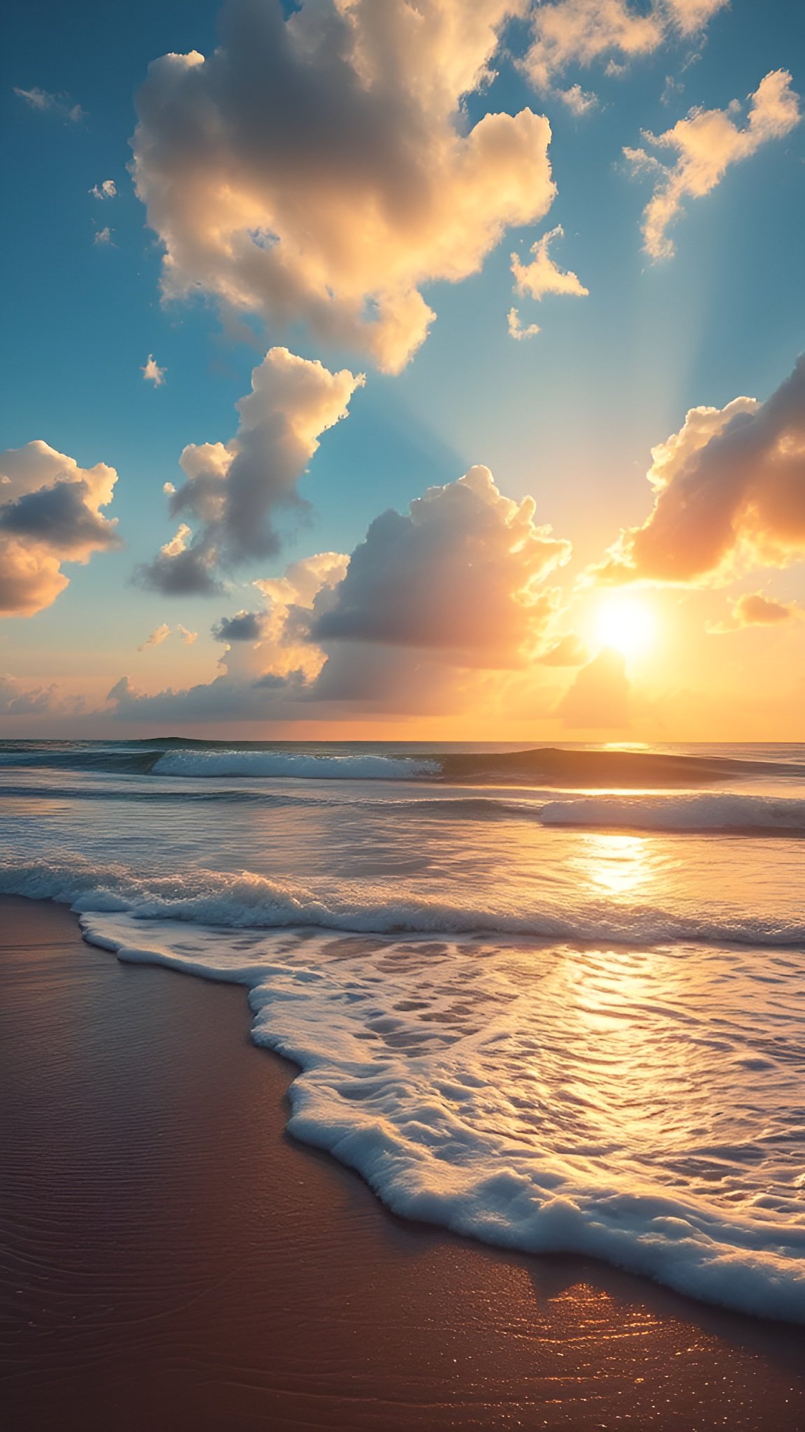 Beach scene with gentle waves at sunset with sun and clouds over ocean horizon