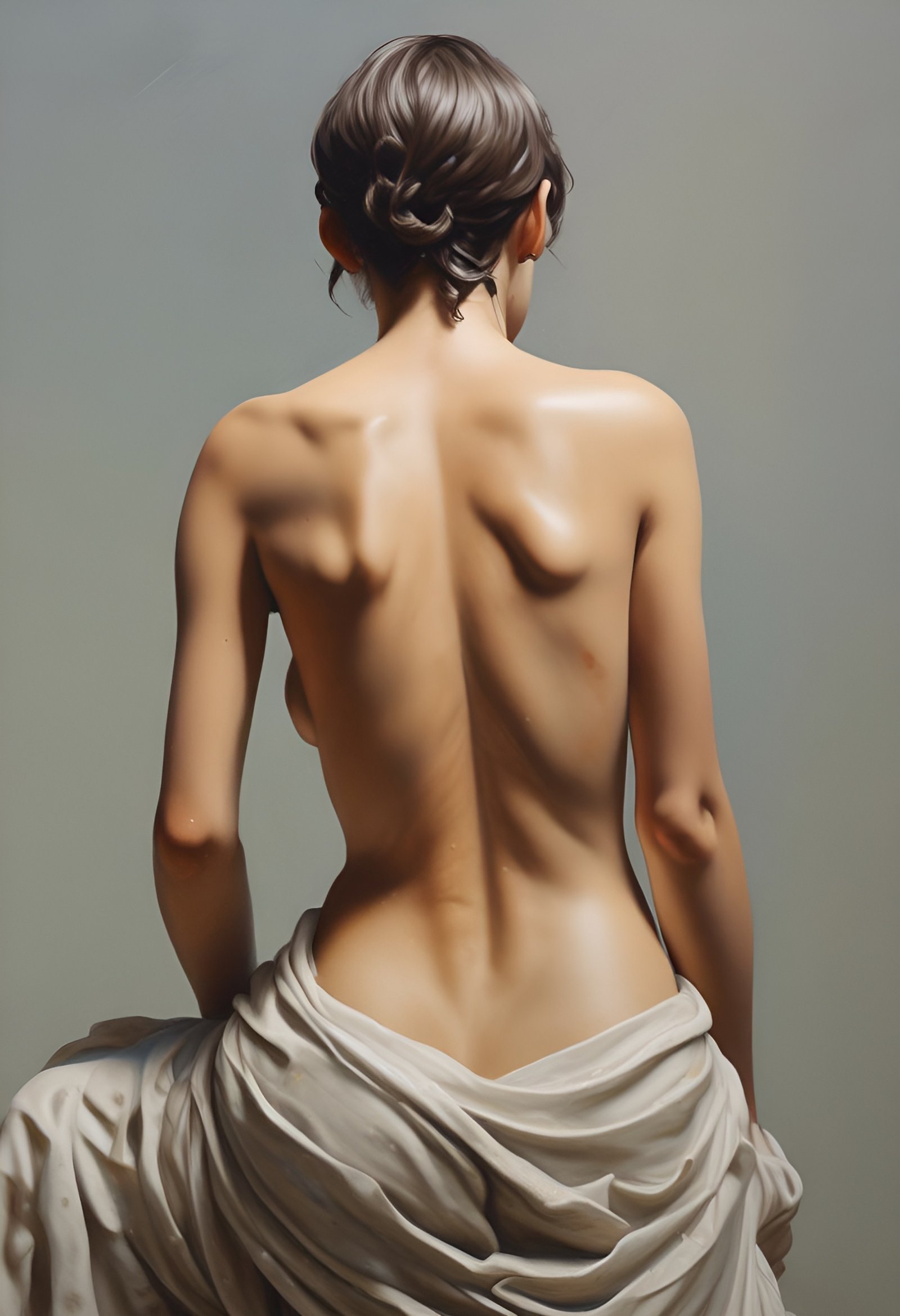Back view of a seated woman with updo hairstyle and draped cloth over lower body