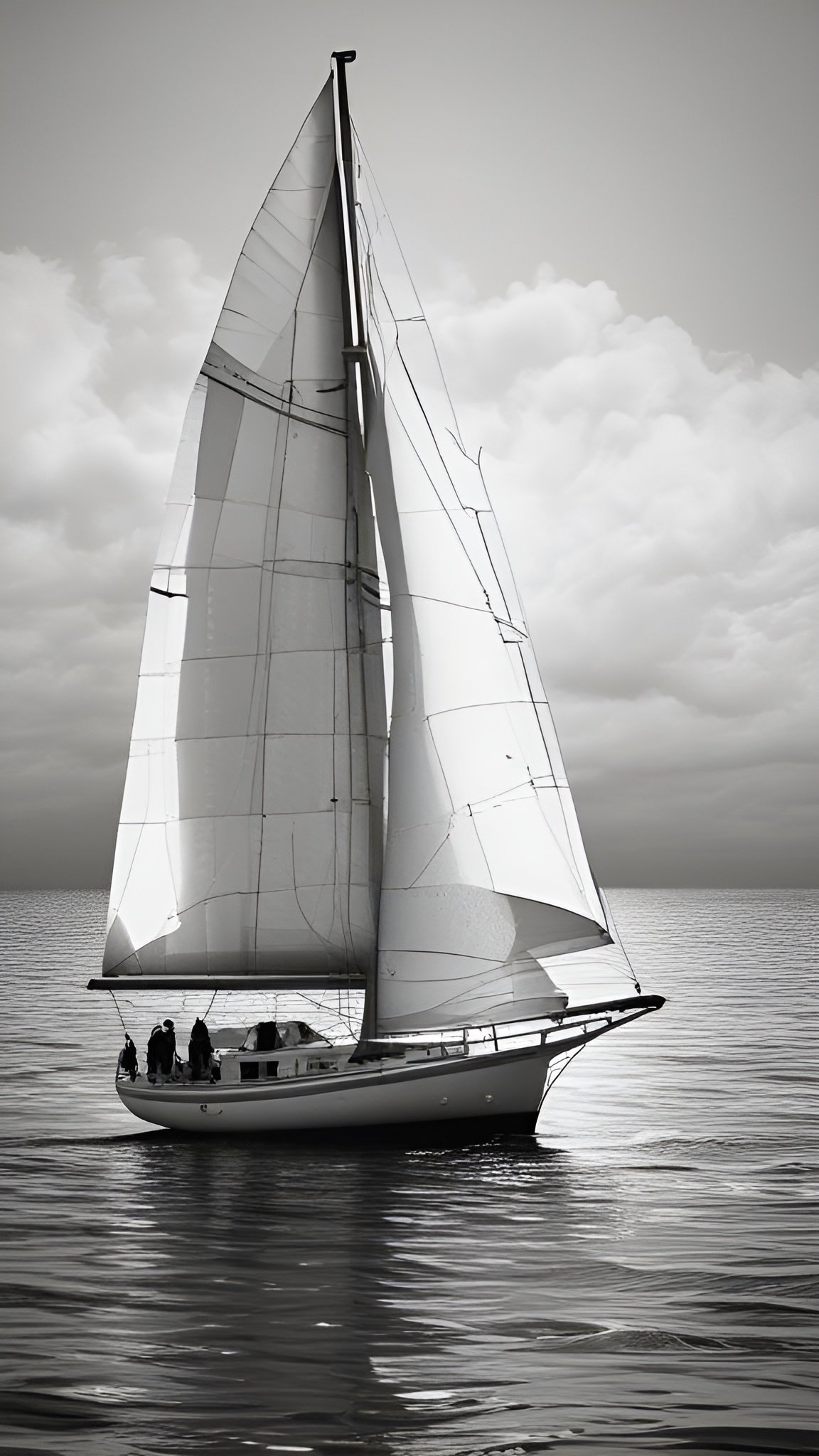 A creative photograph in black and white of a white sail boat with full sails and crew on calm water under clouds