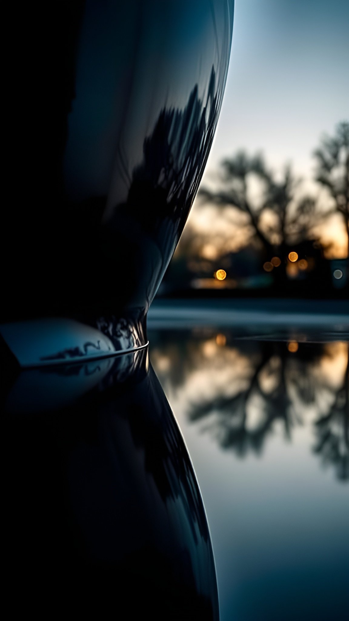 A creative photograph of a black car fender with tree reflections at dusk on a water mirror