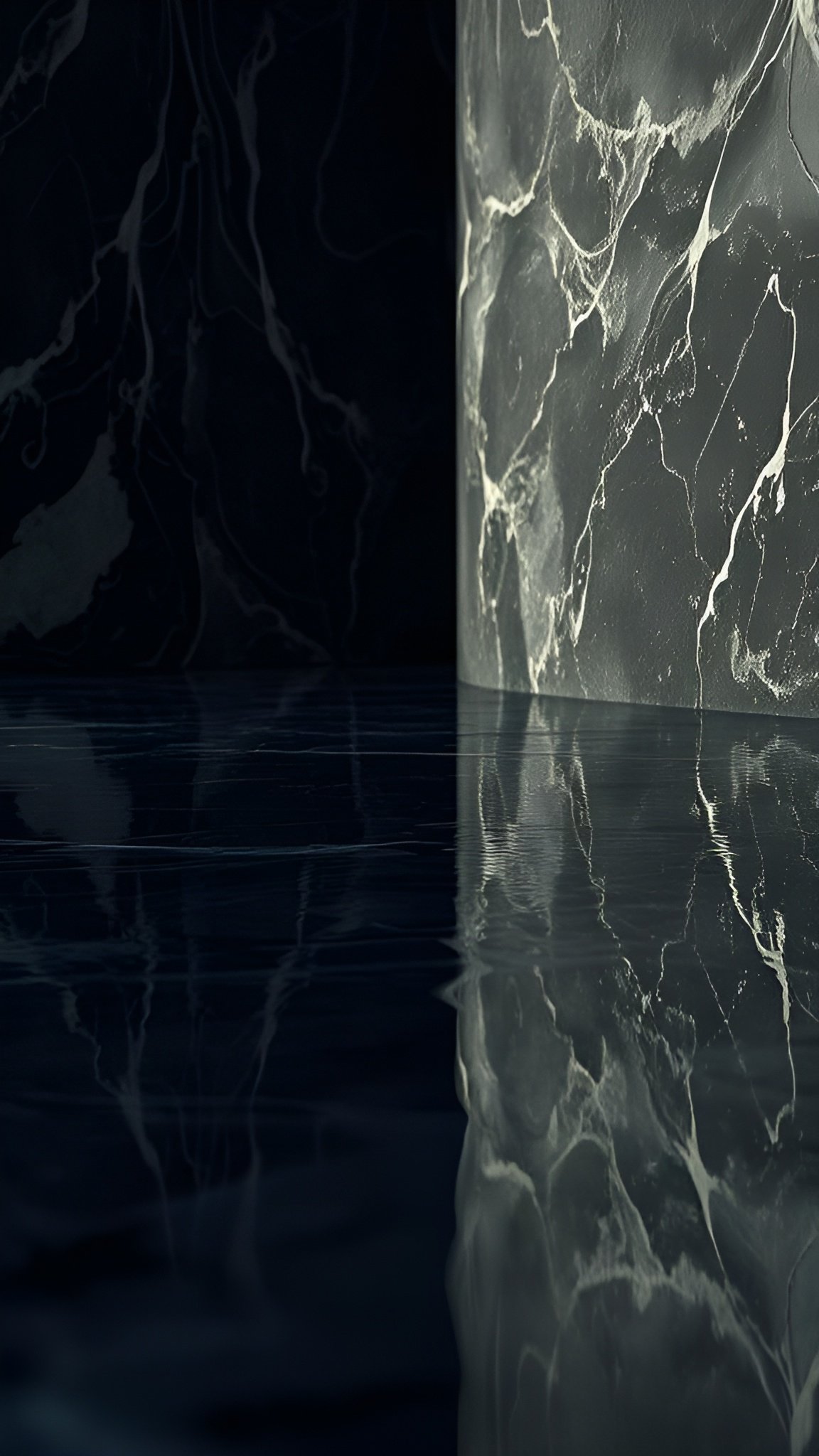 Creative photograph of black marble walls and reflective floor with cylindrical pillar in a luxury artistic architecture interior