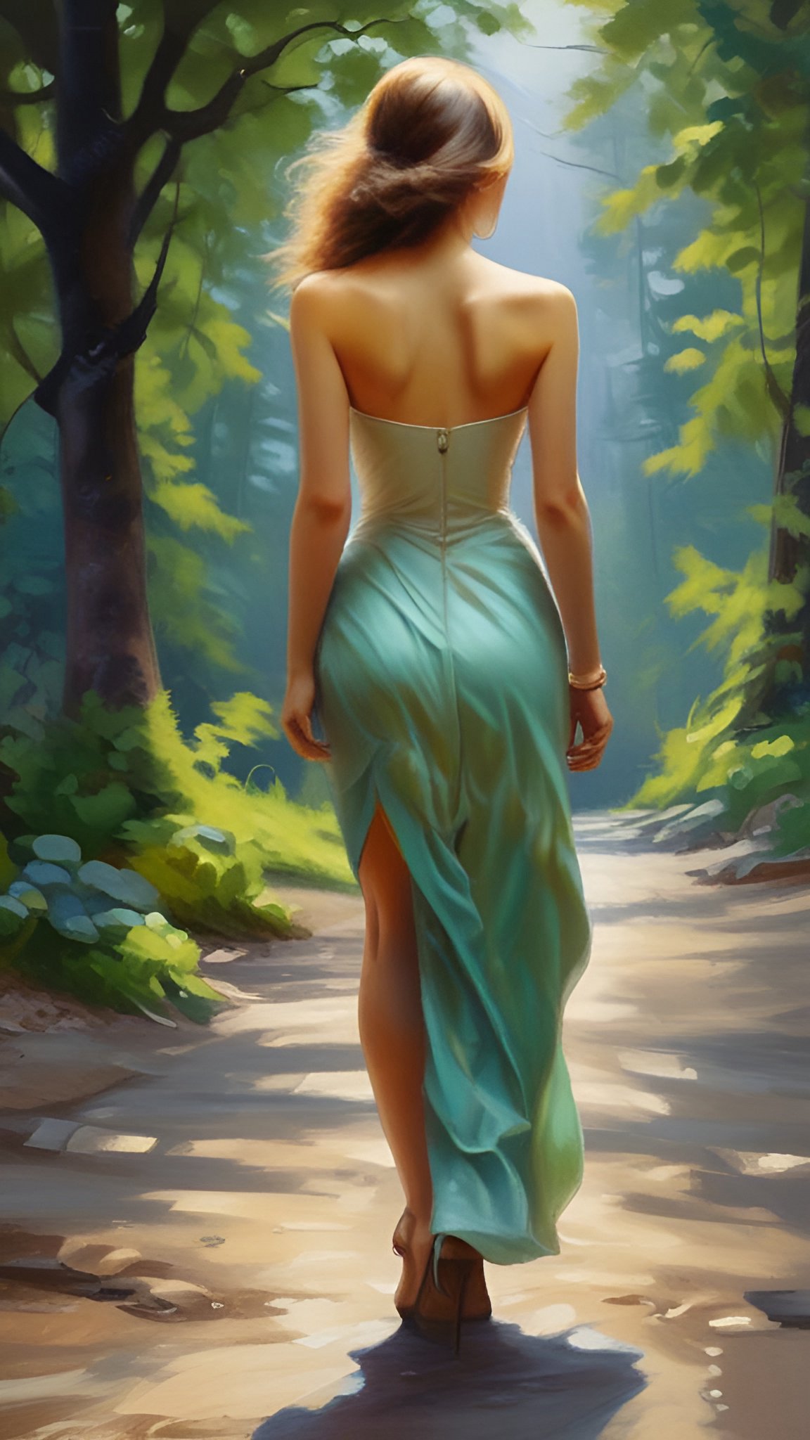 Painting of a blonde woman in a mint strapless gown walking a forest path