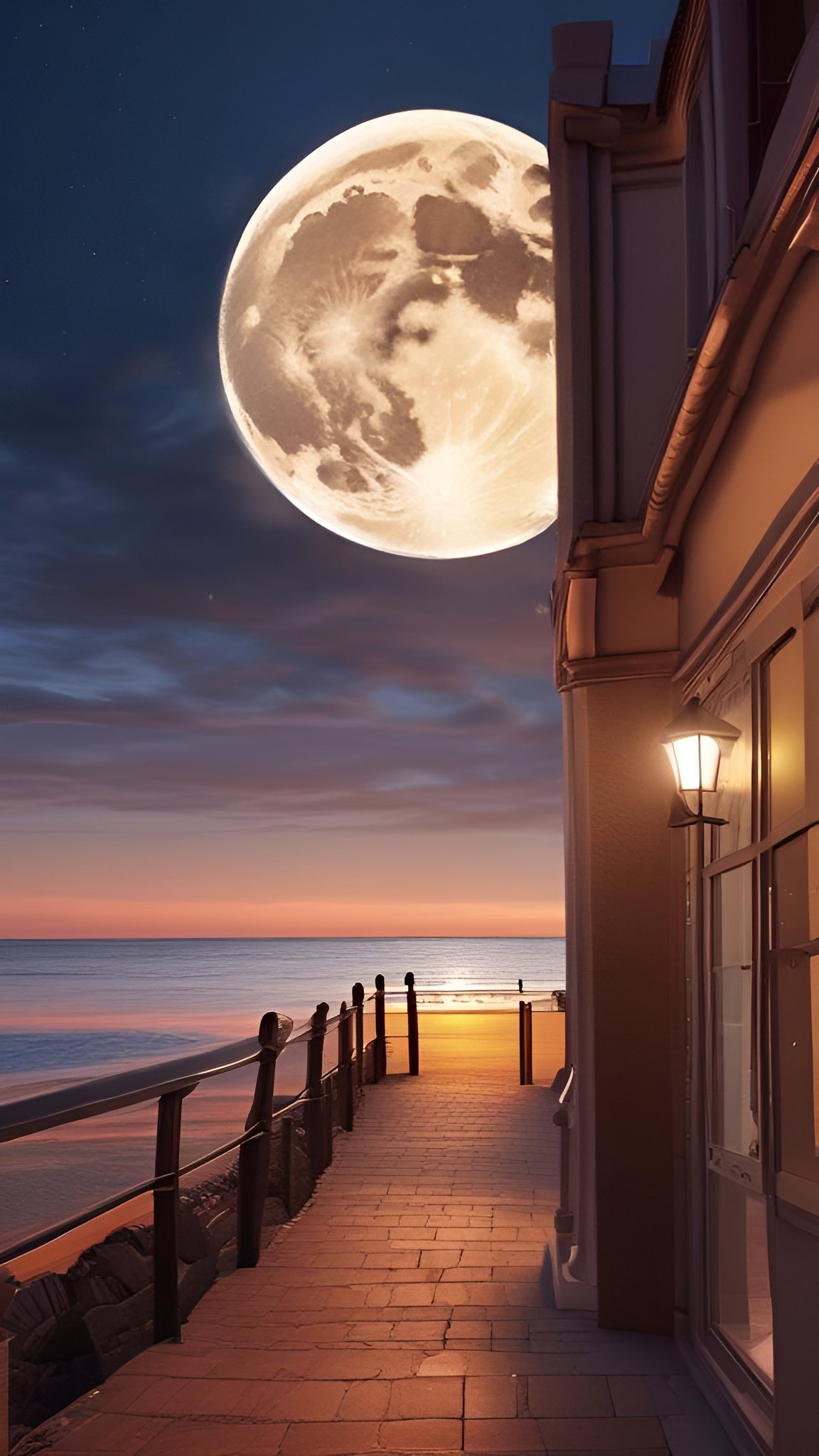 Painting of a brick coastal walkway at dusk with a wall lantern and a huge full moon