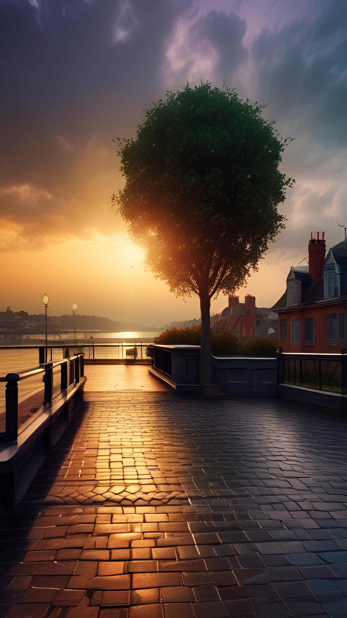 A creative photograph of a brick terrace at sunset with a round green tree, iron rail, lamp posts, a river, and a red brick house