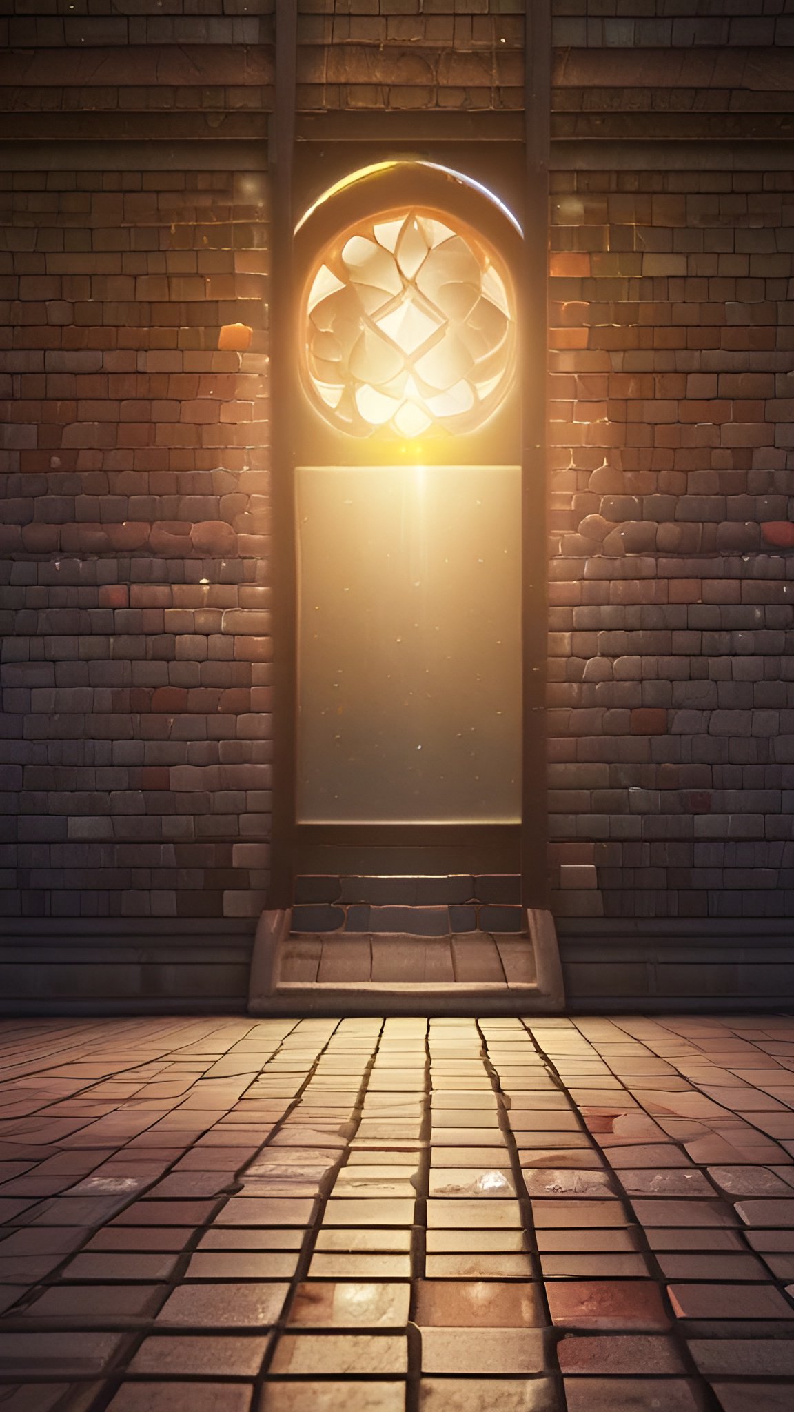 A 3d poster art of an interior brick wall with a tall window under a glowing circular rose pane on a tiled stone floor