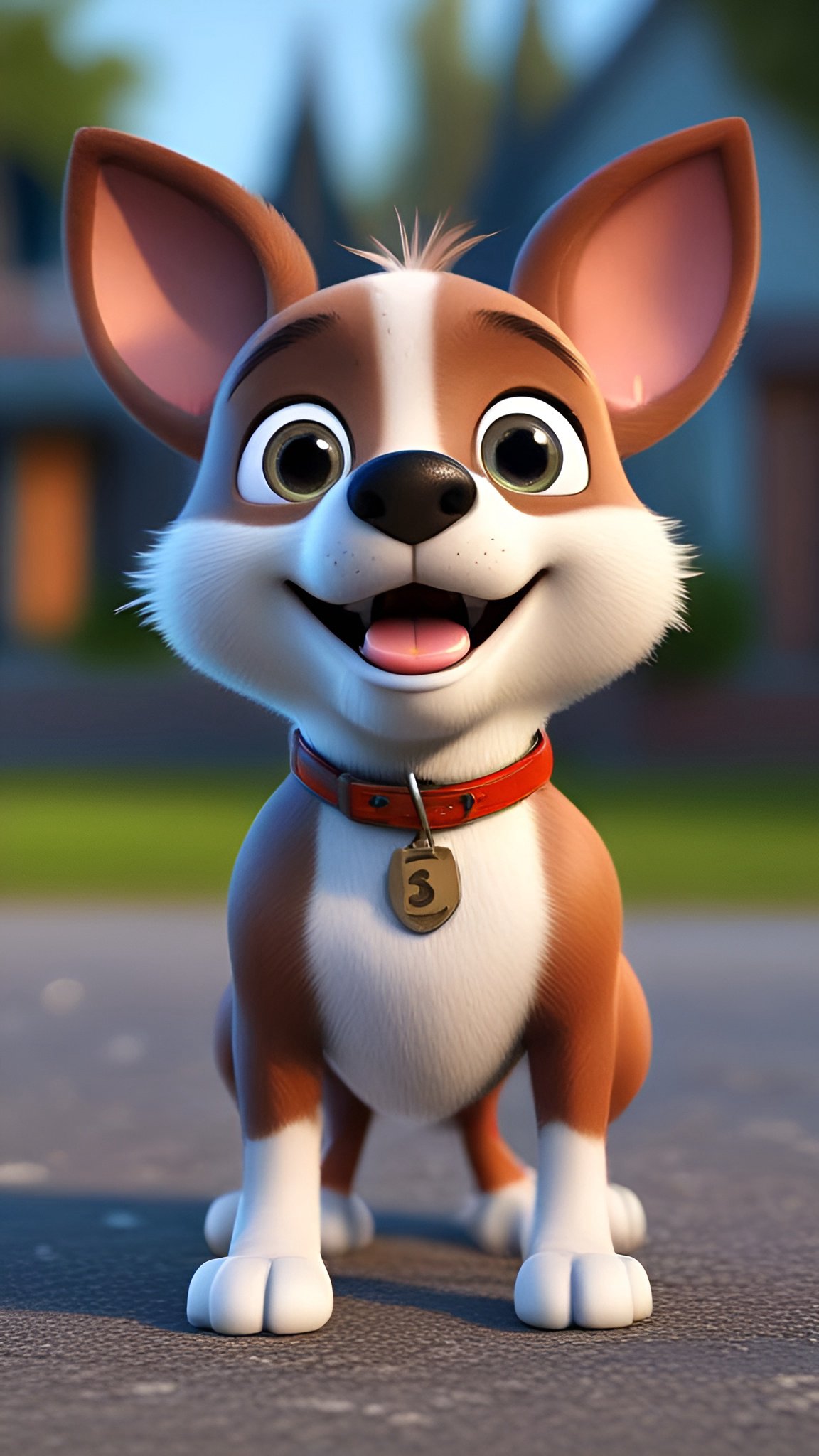 Cartoon image of a brown and white chihuahua-style puppy in a red collar