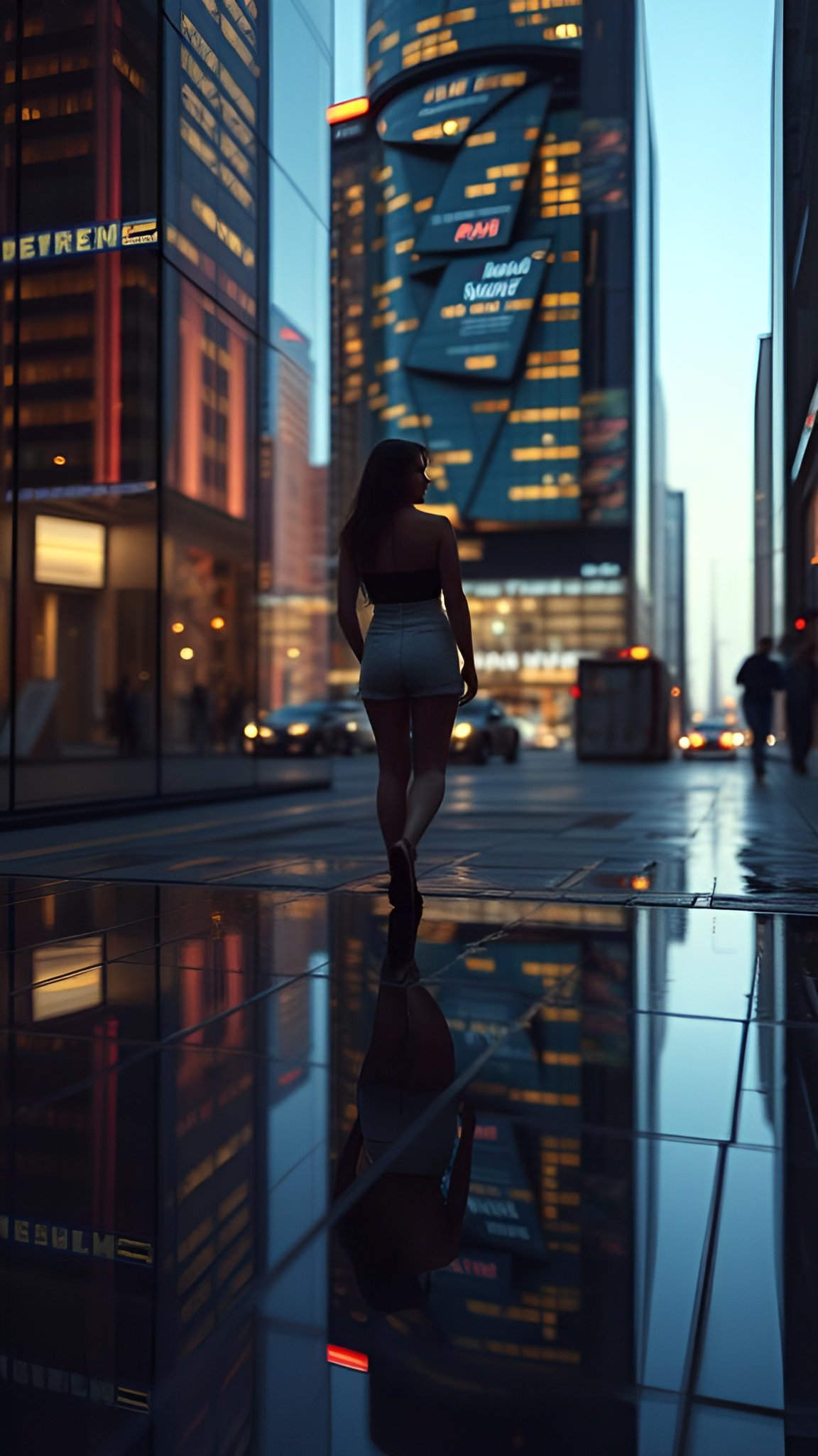 Photo of a  brunette walking away in denim shorts on wet reflective pavement with modern skyscraper reflections