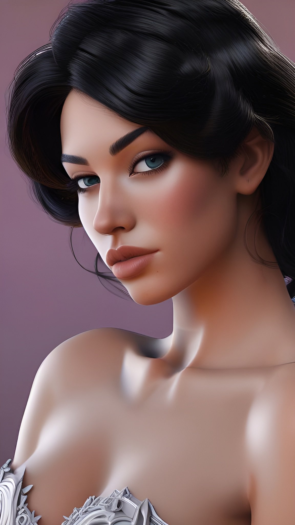Painting of a brunette woman looking over her shoulder in a silver sculpted strap top