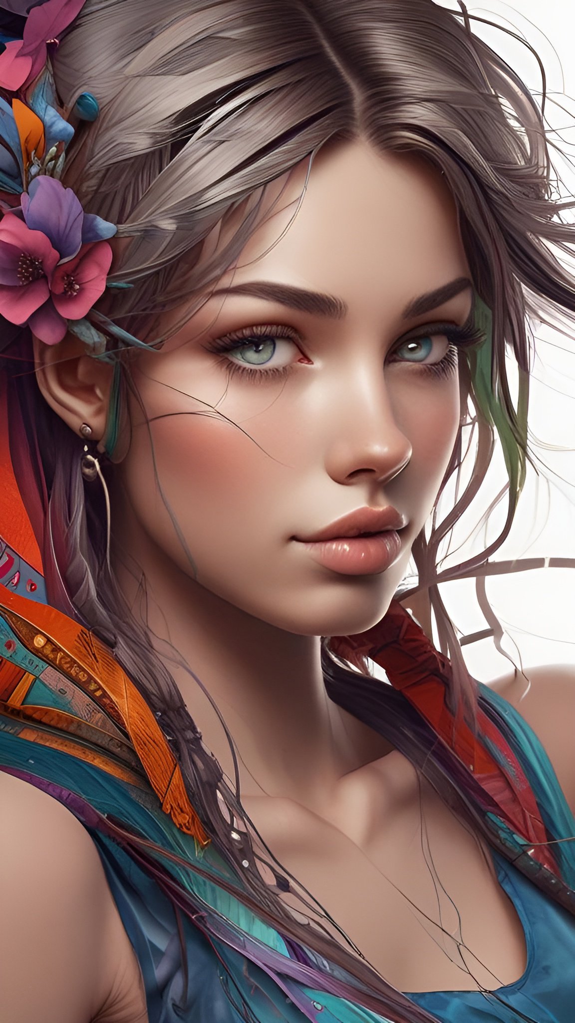 Painting of a brunette woman with flowers and feathers in her hair and blue green eyes closeup