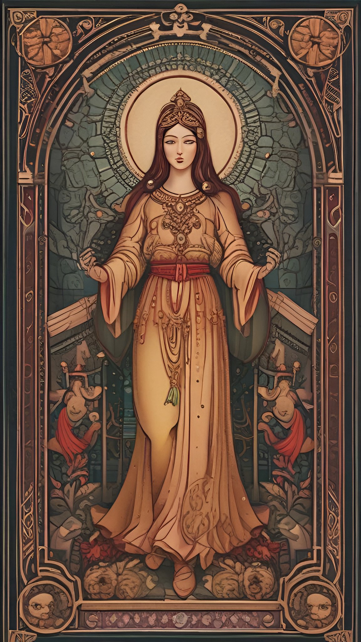 Art Nouveau painting of a brunette woman in a long gold gown with a red sash and crown in an arched frame