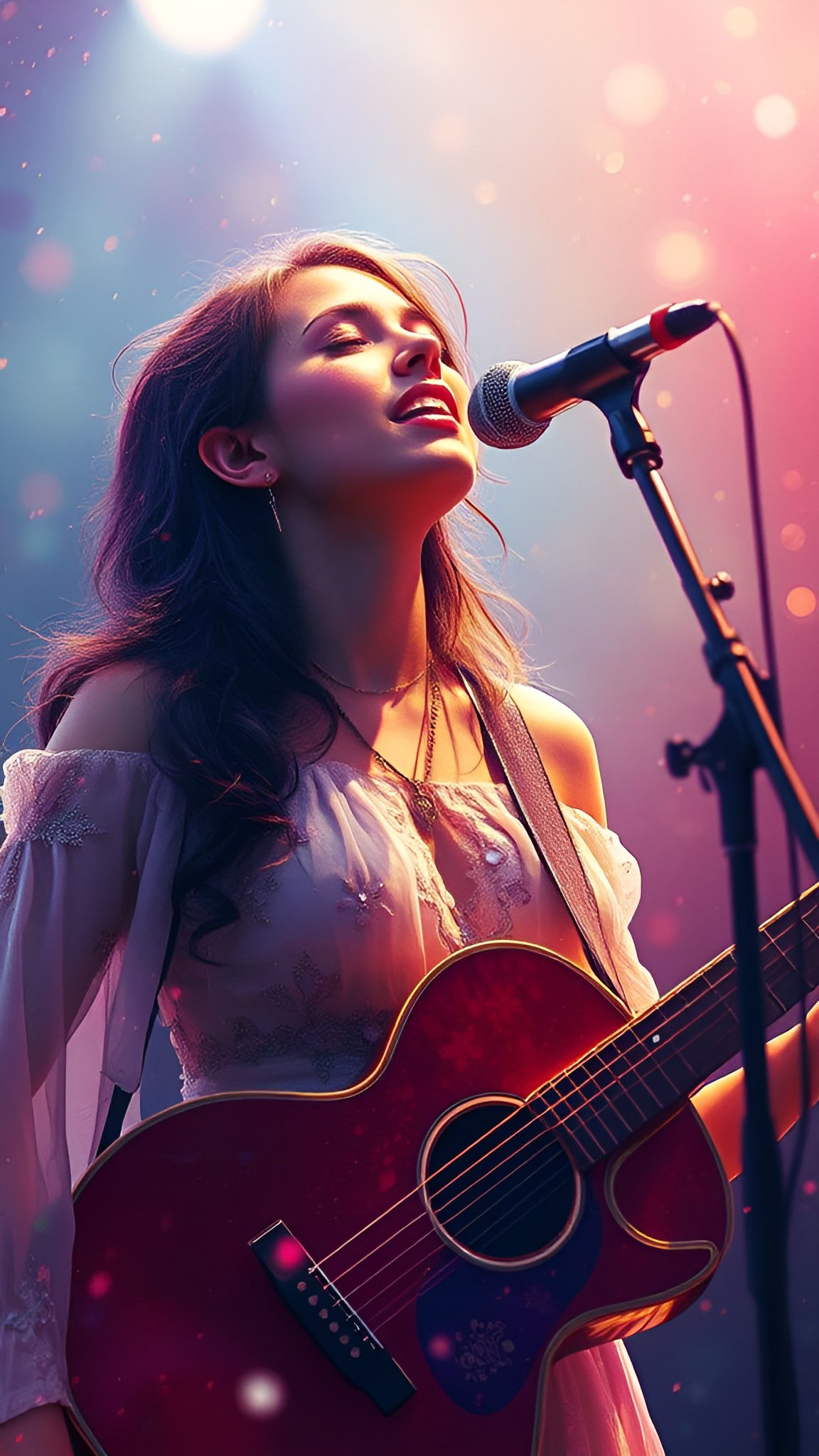 Painting of a brunette woman singing into a stage microphone while holding a reddish acoustic guitar