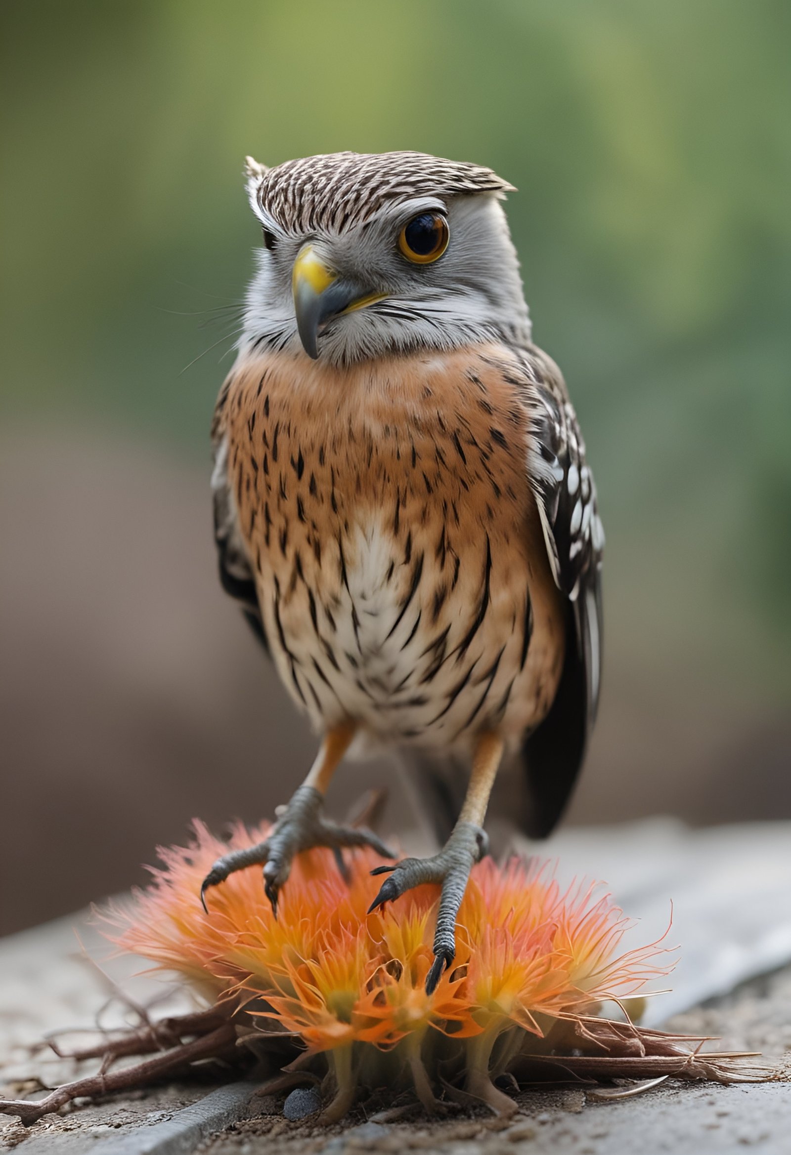 Owl with a yellow beak perched on an orange flower against green background