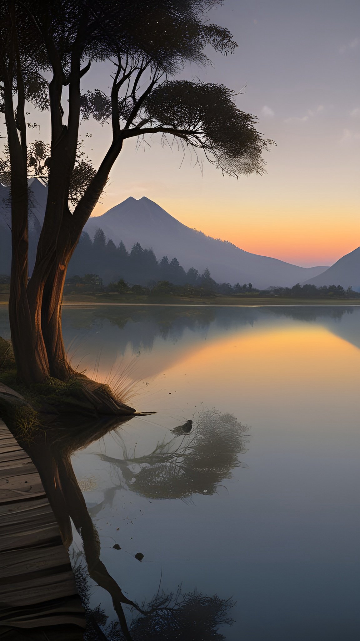 Painting of a calm lake at dusk with two tall shoreline trees and a wooden dock