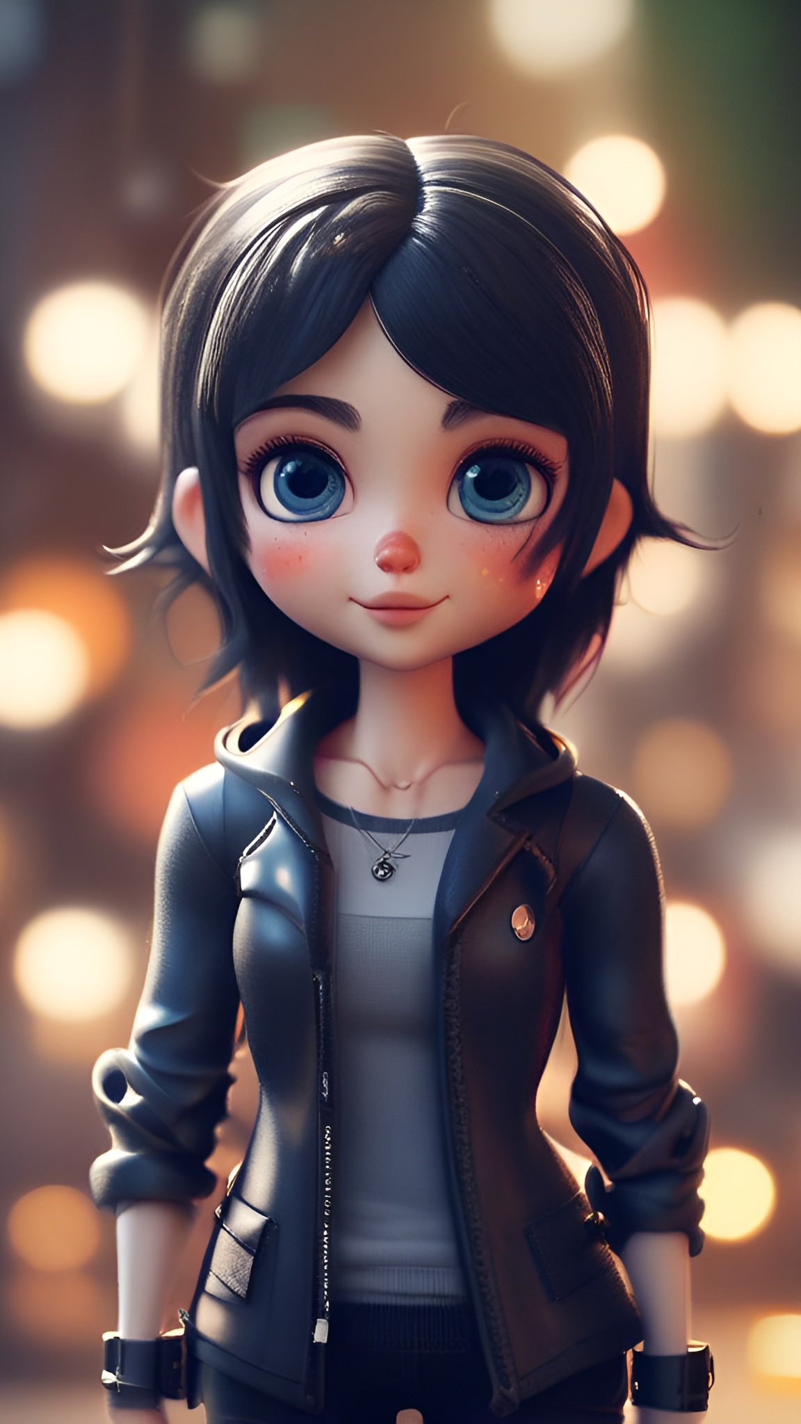 A 3d cartoon poster art of a girl with large blue eyes in a black leather jacket and gray shirt under warm round lights