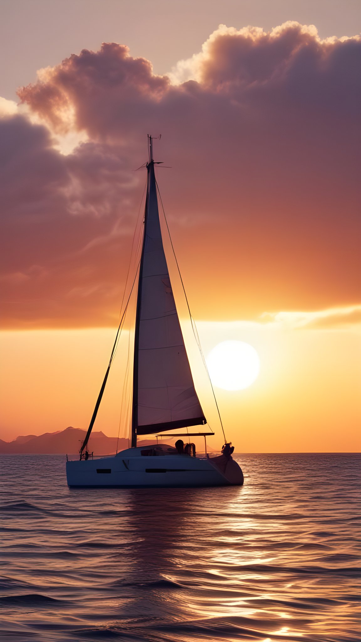 Luxury catamaran sailing toward dramatic golden sunset over tranquil sea