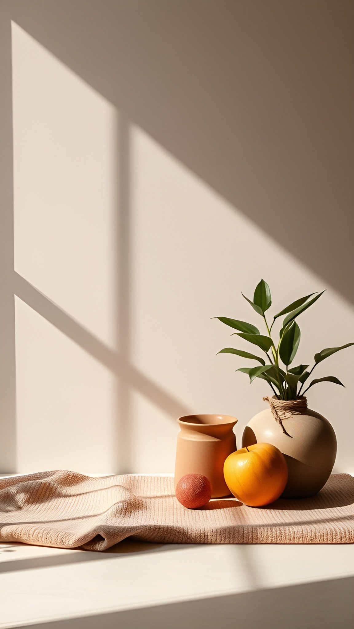 Minimal still life with ceramic vases, plant and fruits in gentle window sunlight