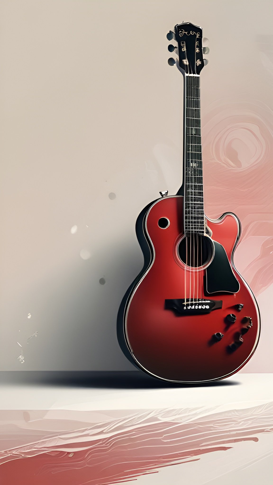 Painting of a cherry red hollow body electric acoustic guitar on a pale floor