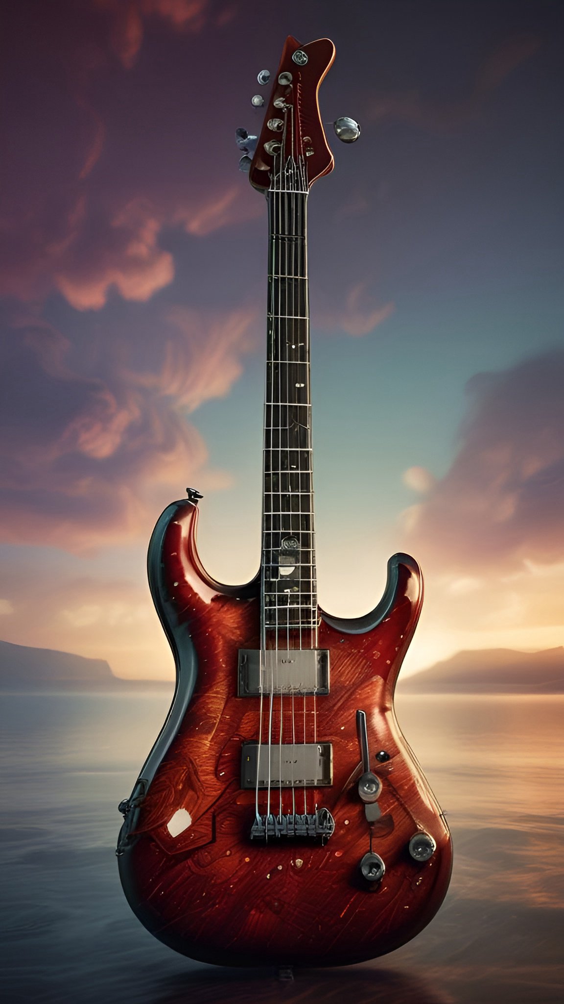 Photo of a cherry red sunburst electric guitar standing in still water at sunset