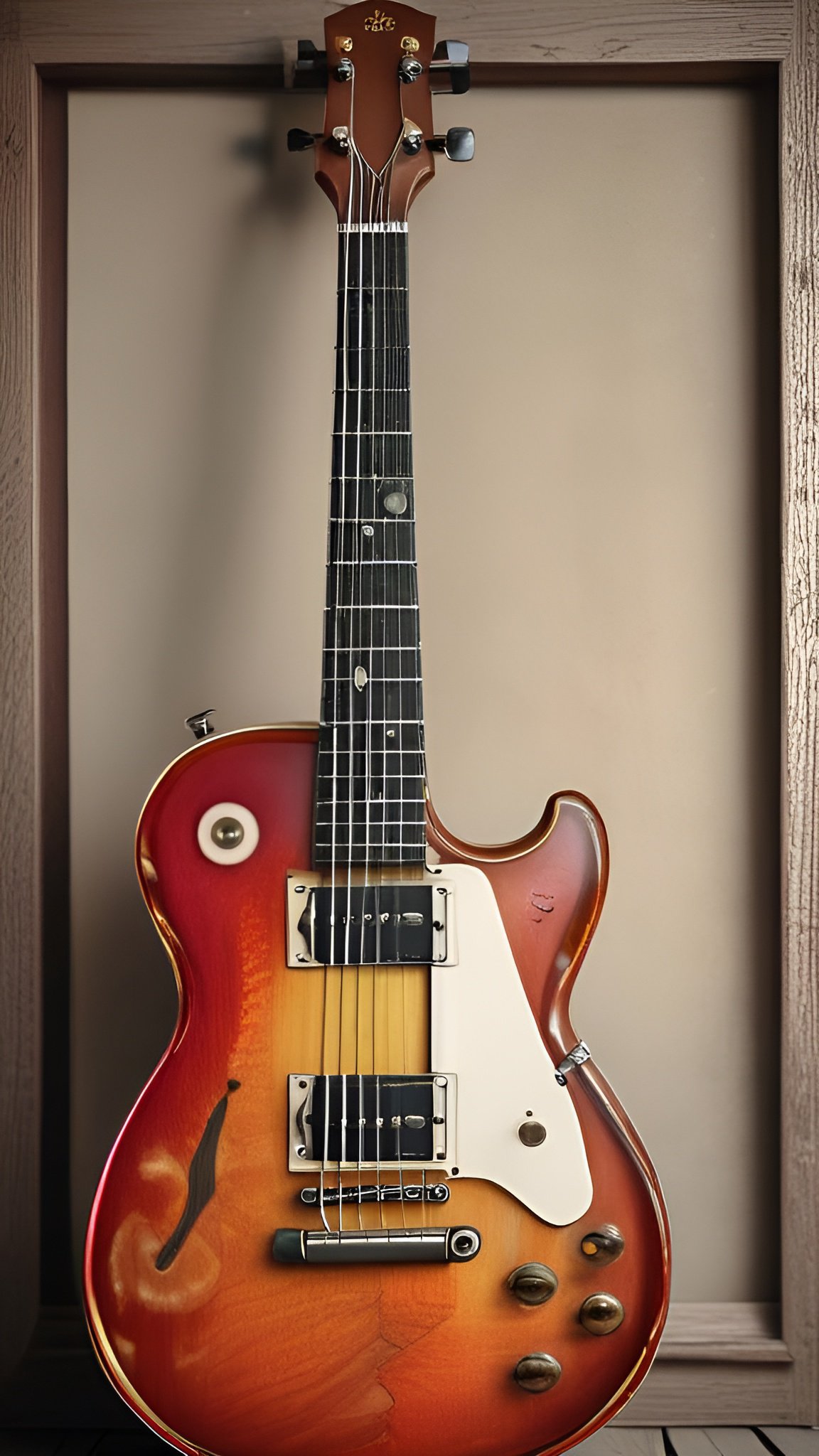 Photo of a cherry sunburst Les Paul-style guitar hanging in a wooden frame