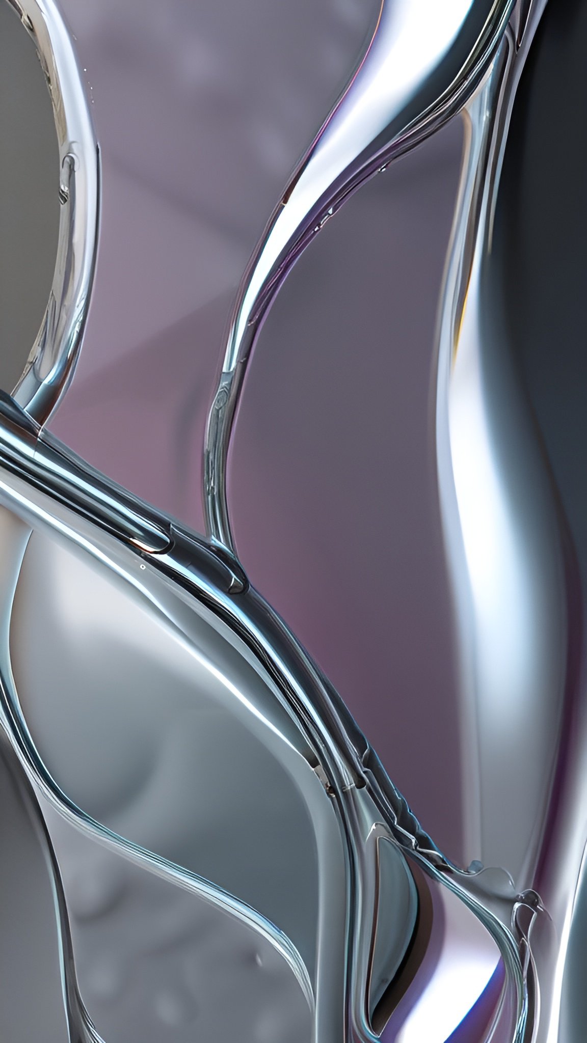 An abstract art of chrome and glass curves in silver and lilac with steel highlights