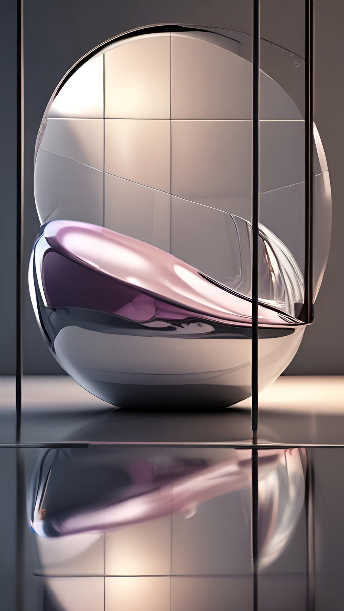 Abstract art of a chrome spherical lounge chair with a pink purple metallic seat