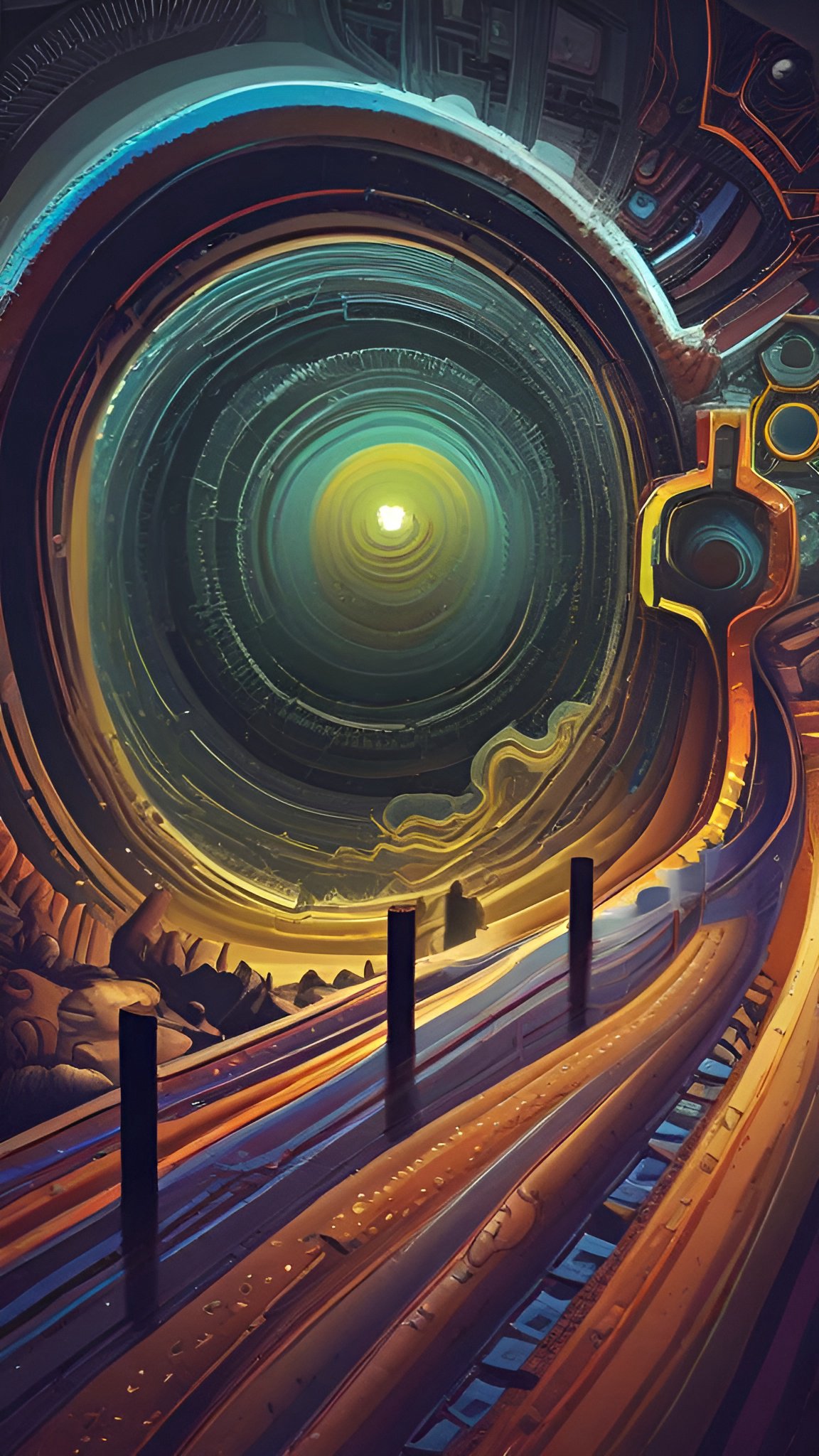 Abstract painting of a huge circular tunnel with concentric teal gold and orange rings