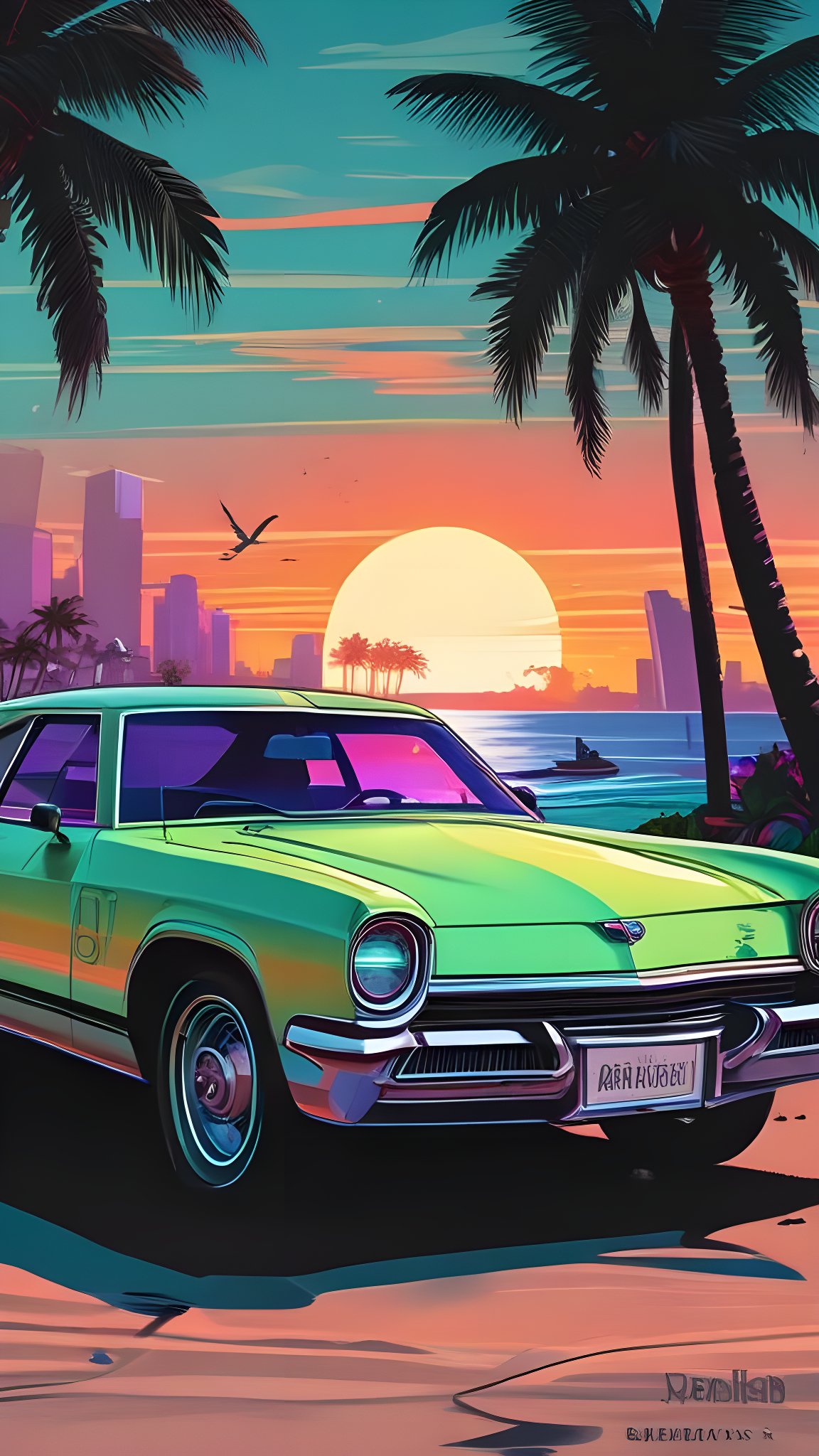 Green classic car parked near palm trees with beach sunset and distant city skyline