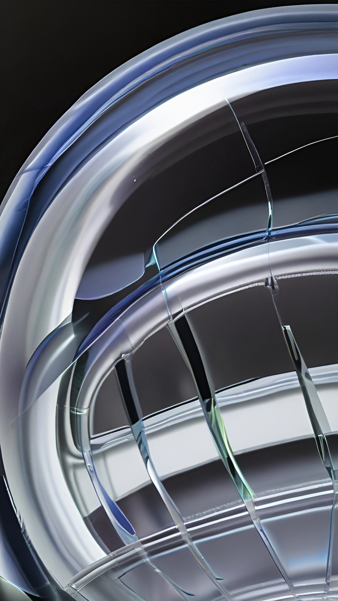 Abstract art of a clear glass globe with blue and silver reflections