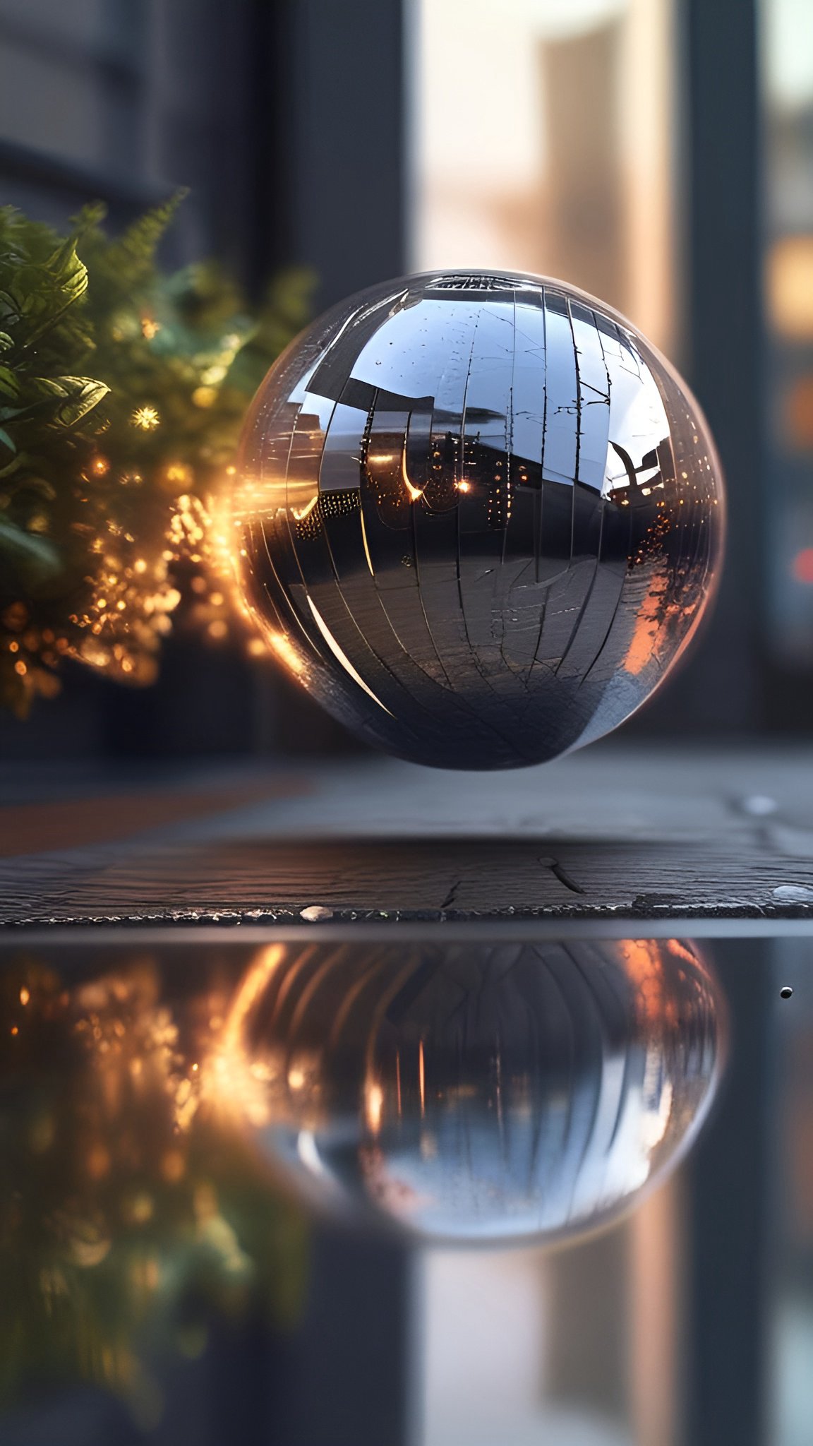 Photo of a clear glass sphere hovering over wet pavement reflecting city lights
