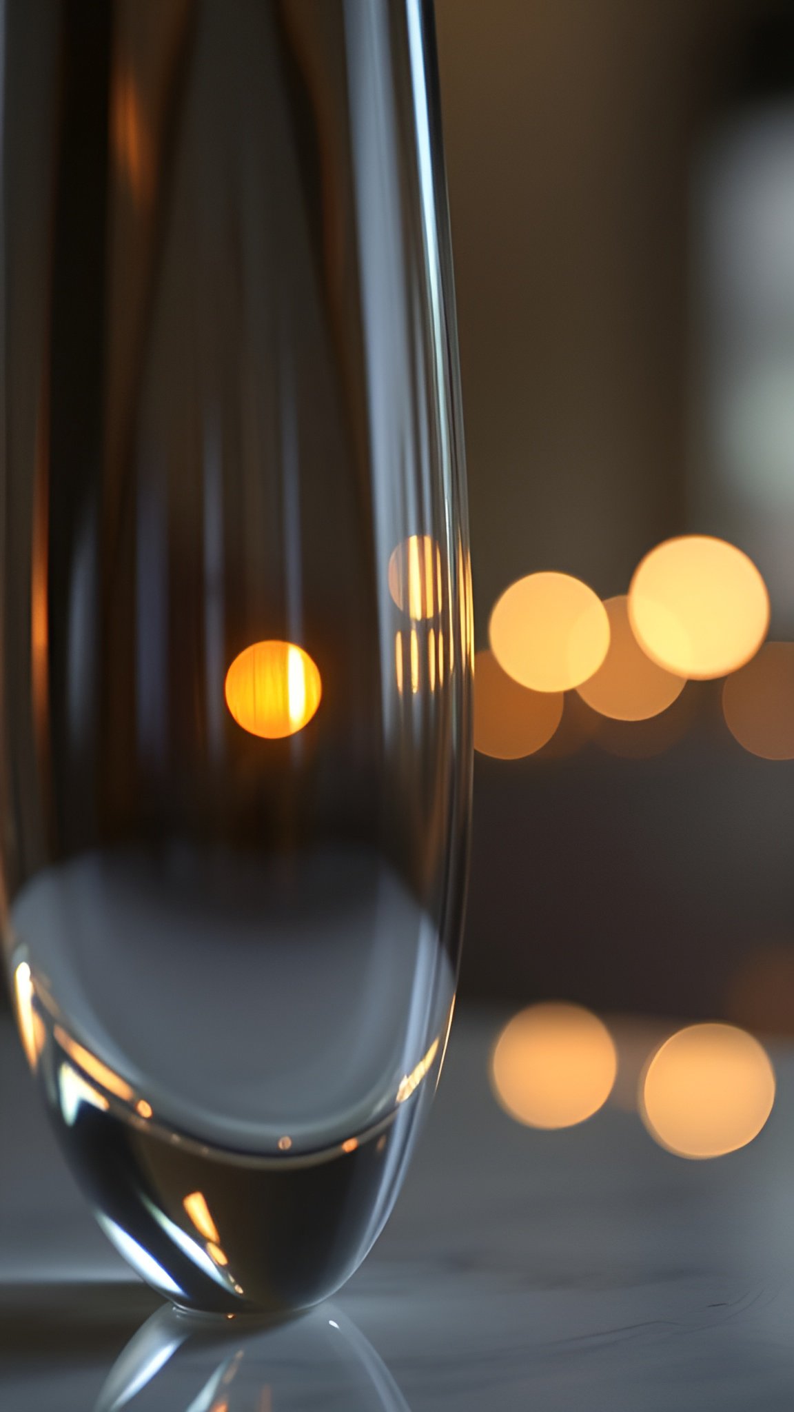 A creative photograph of a clear tall glass vase on marble catching orange lamp bokeh