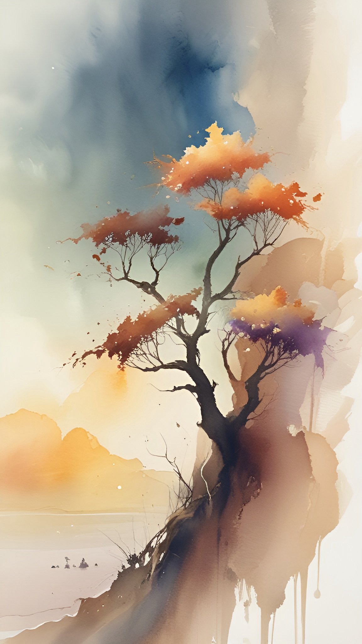 Watercolor of a lone cliffside tree with orange red purple autumn leaves over misty gold mountains
