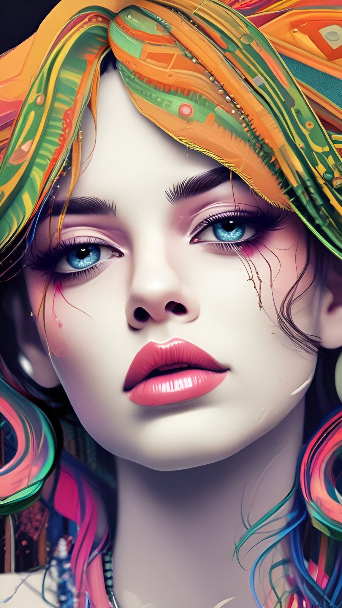 A modern art close painted face of a woman with a bright orange green pink head wrap and colorful paint around the neck