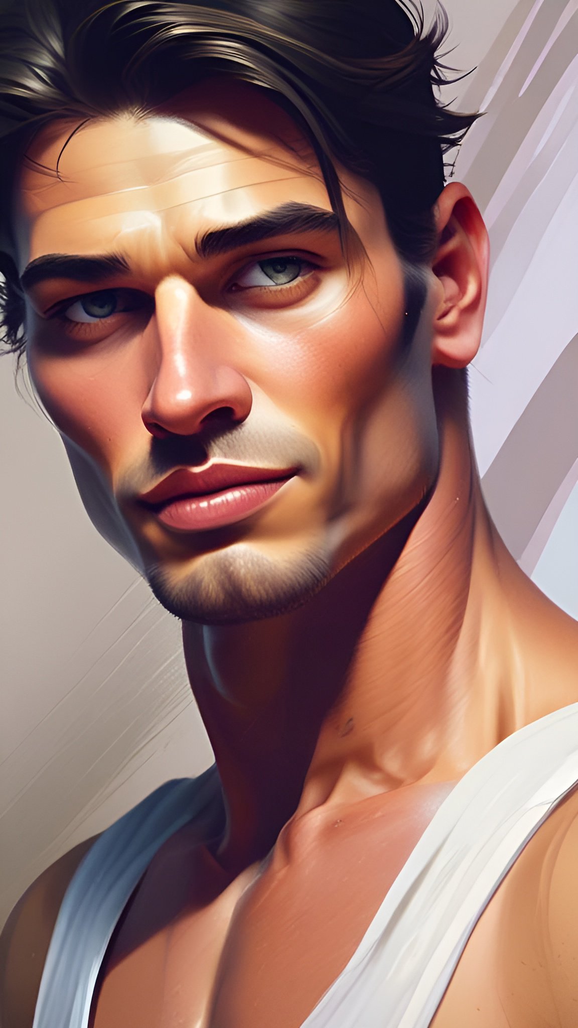 A close portrait painting of a man in a white tank top with green eyes and a slight smile on a warm studio ground