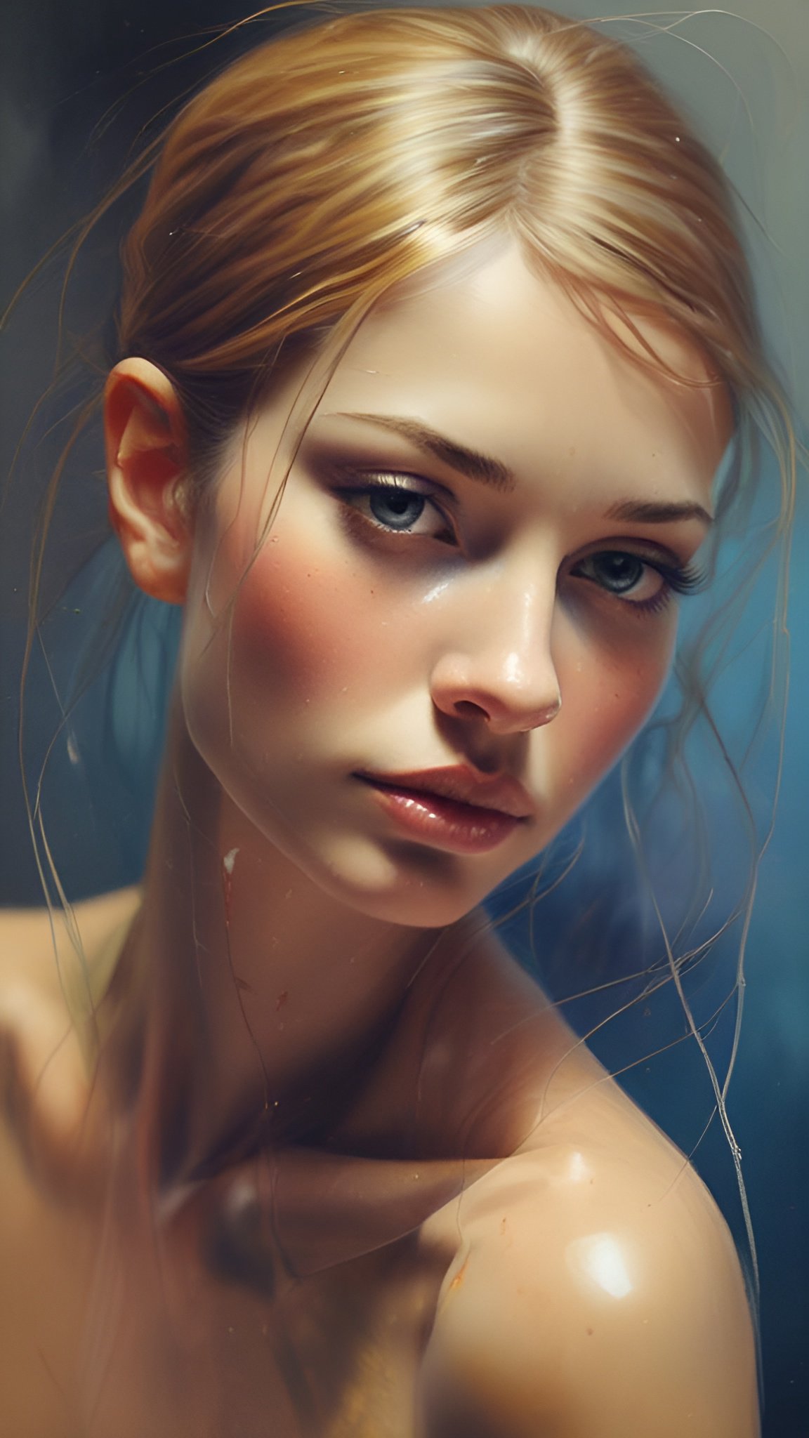 A painting of a woman in a close portrait with bare shoulders against a blue studio wall