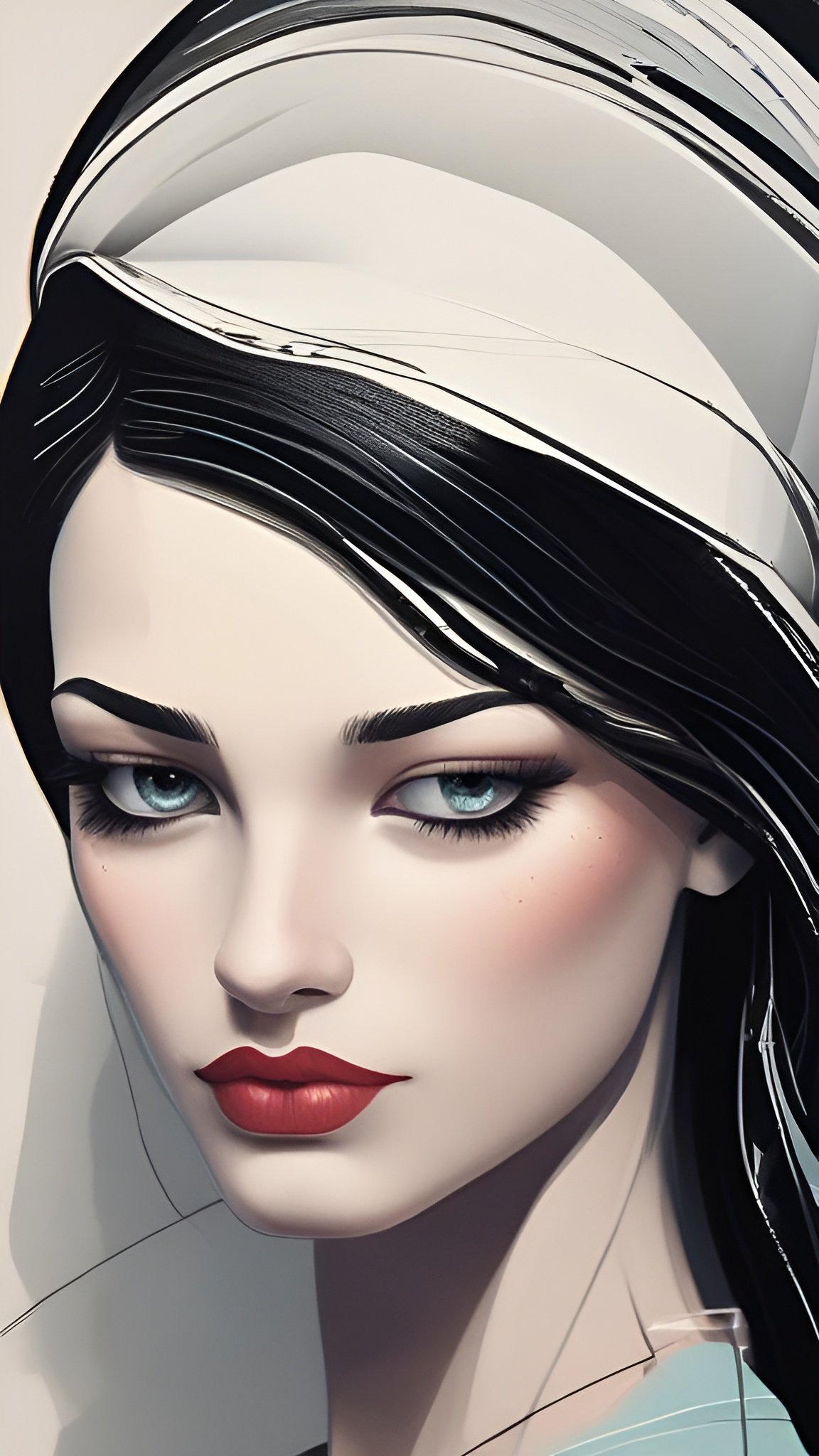 A close portrait painting of a woman with blue eyes, red lips, and a white head wrap on a pale ground