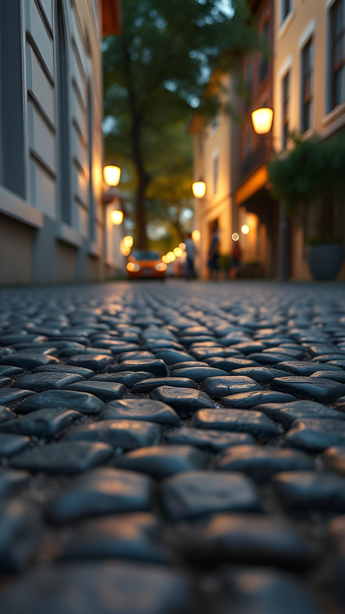 Cobblestone alley at dusk with yellow lanterns and people walking between buildings