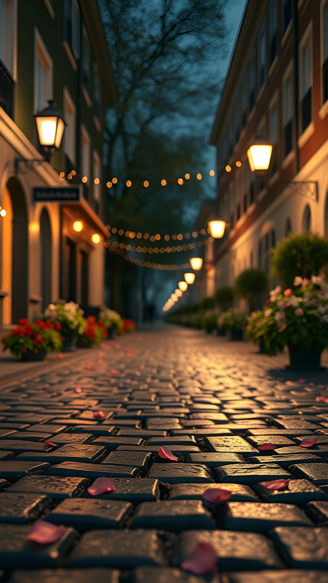 Cobblestone street at dusk with lanterns string lights and potted flowers along buildings