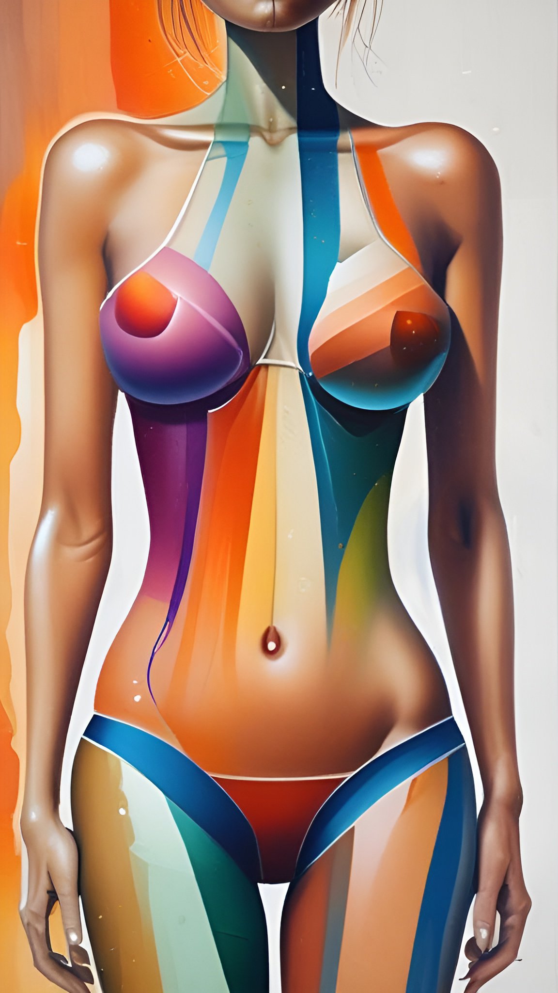 A female figure art of a color-blocked woman with orange teal and purple paint and blue bikini bottoms